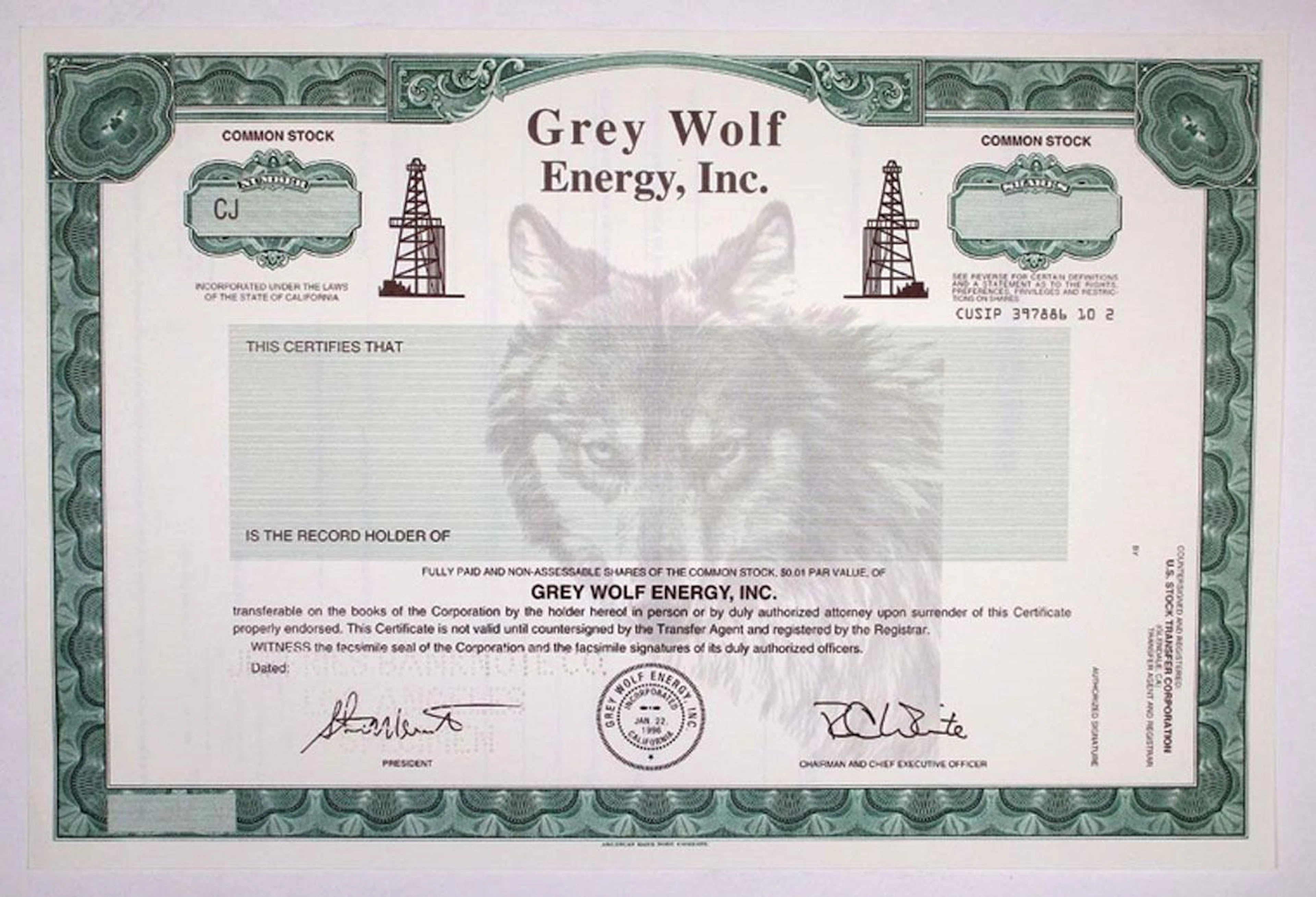 CA. Grey Wolf Energy, Inc., 1996. Specimen Stock Cert., XF-AU. ABNC