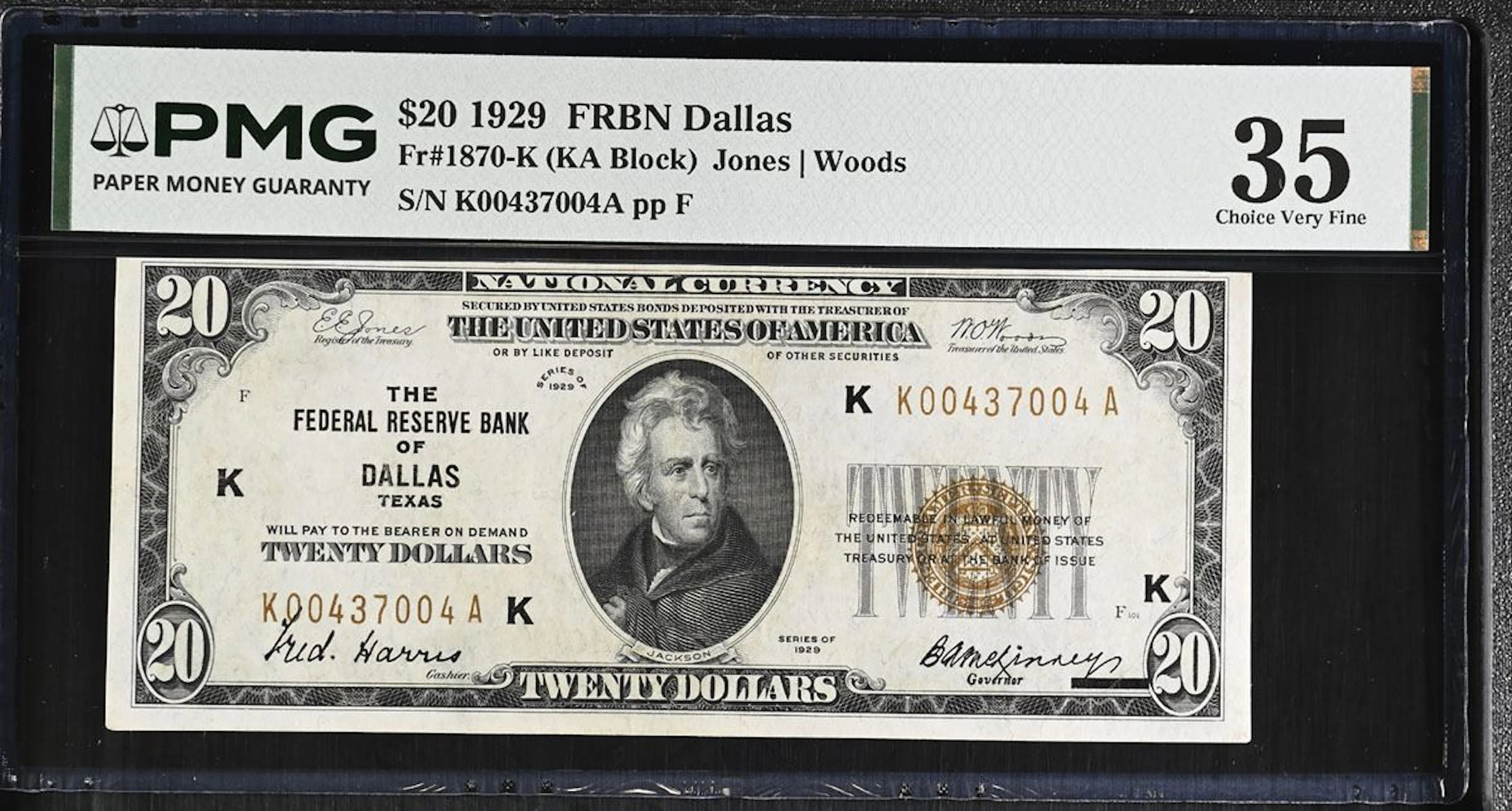 U.S. F.R.N., Dallas. 1929 $20, Fr.# 1870-K, Issued Banknote, PMG Choice
