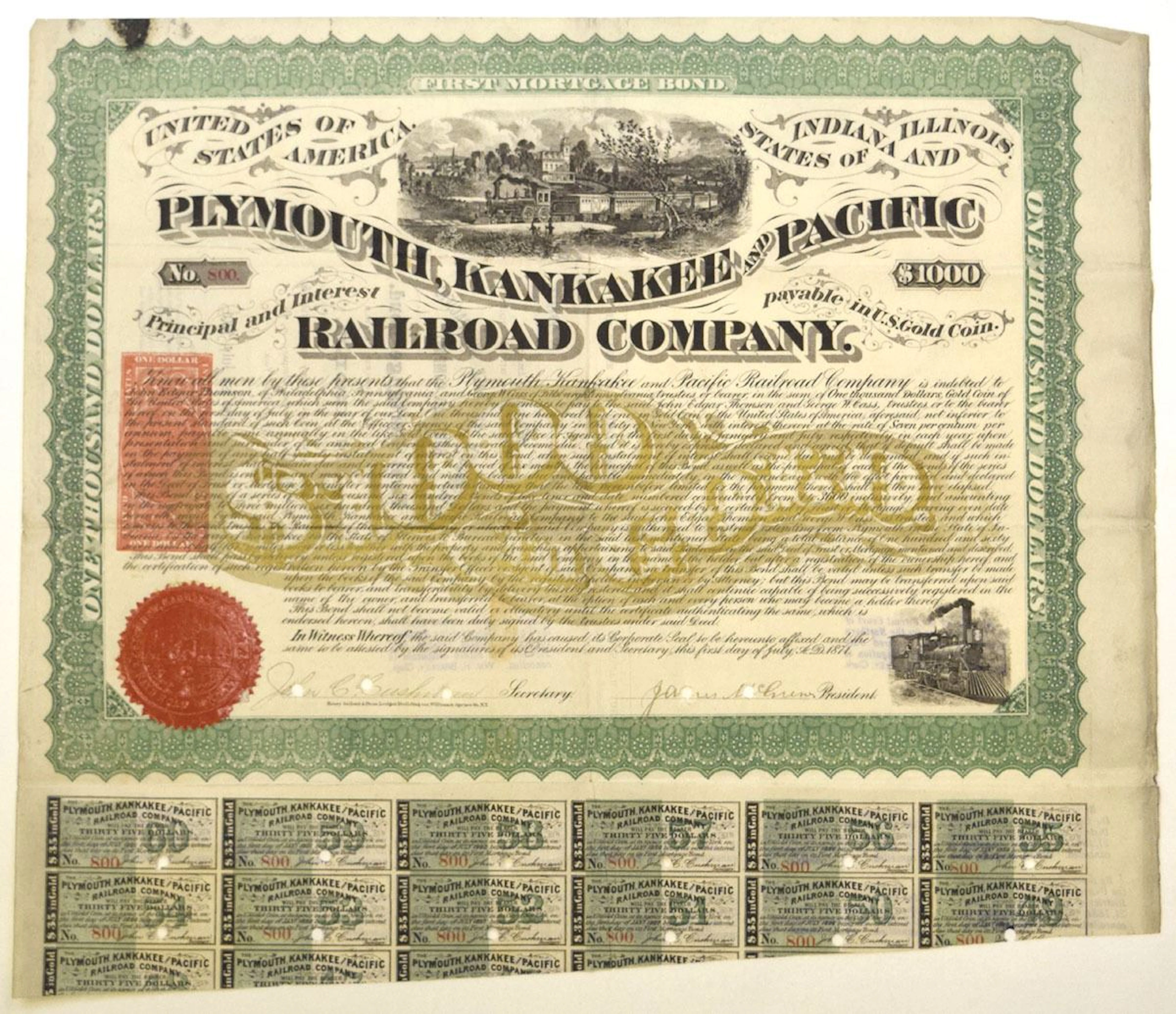IN & IL. Plymouth, Kankakee and Pacific Railroad Co., 1871, I/C Coupon Bond.