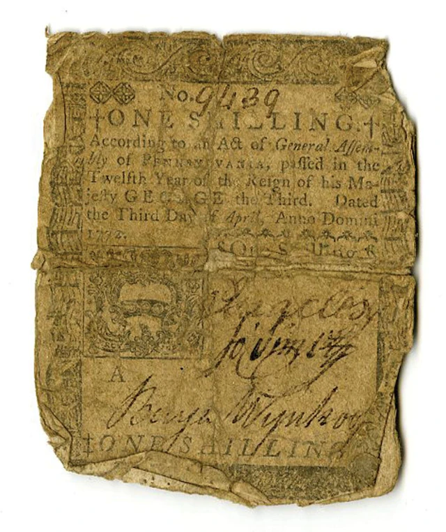 PA. Colonial Banknote, 1772. 1 Shilling, Issued Colonial Banknote