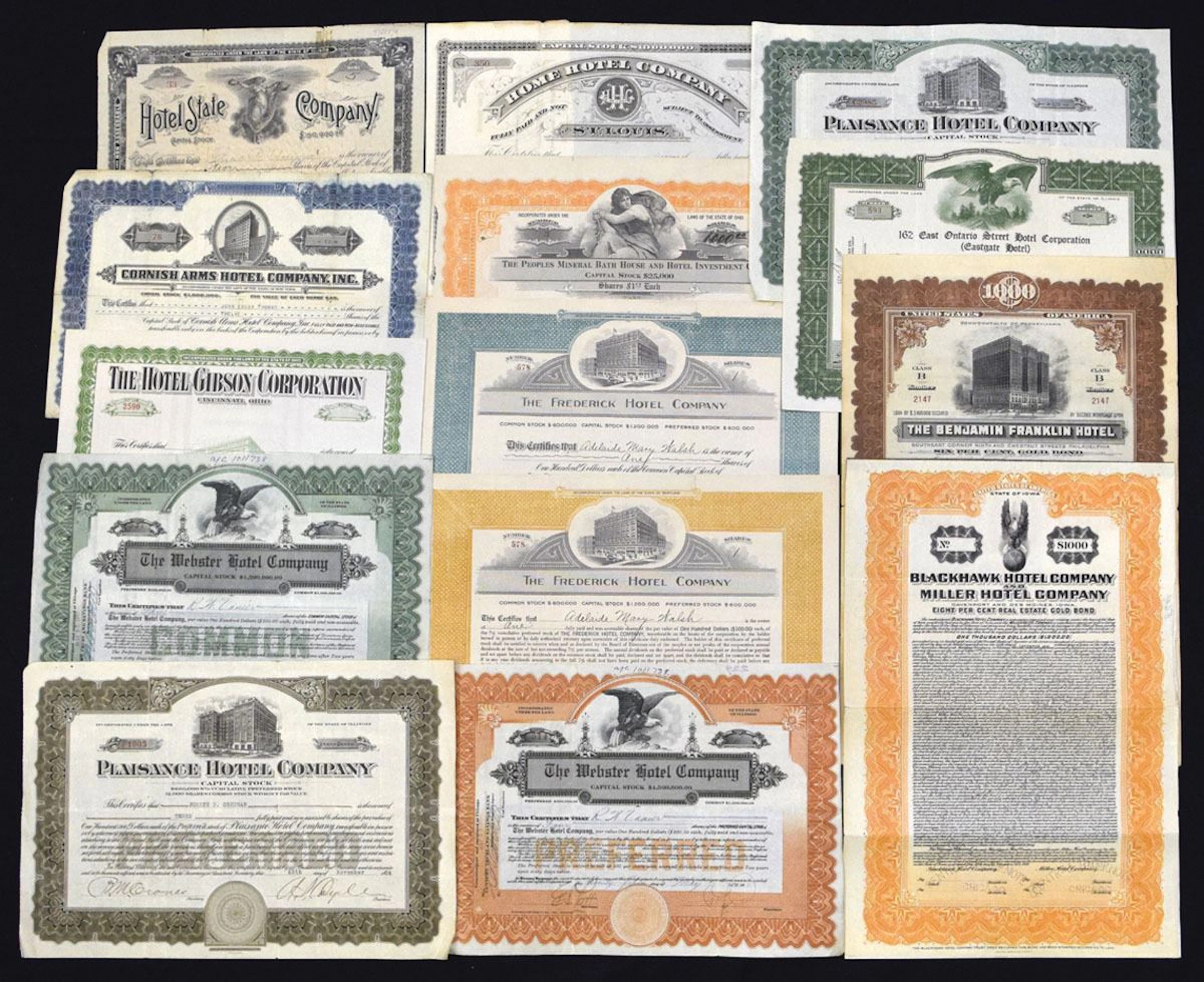 Hotel and Resort Stock & Bond Assortment, ca. 1900s to 1950s.
