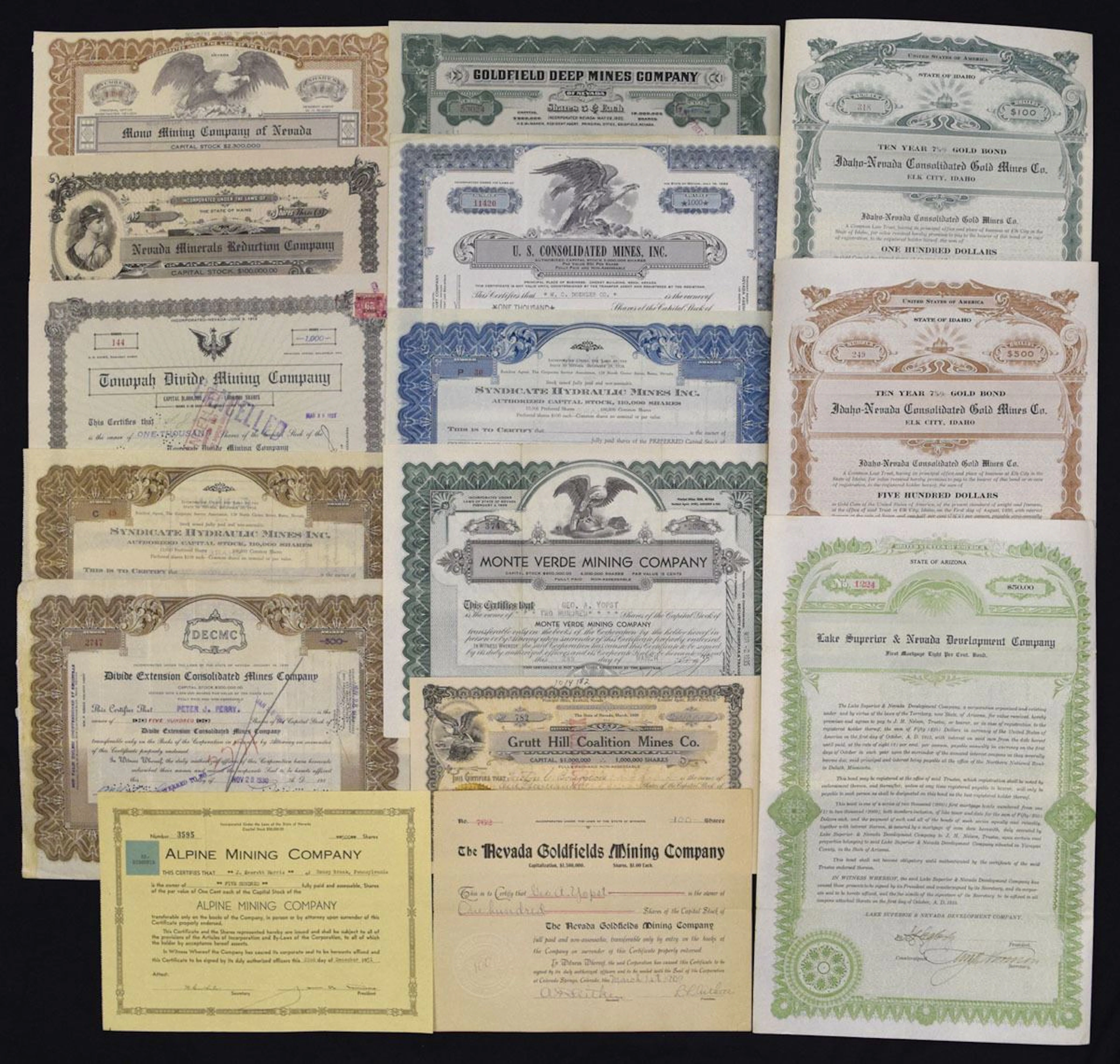 NV. ID. AZ., Western Mining Stock and Bond Collection, ca. early 1900s to 1950s
