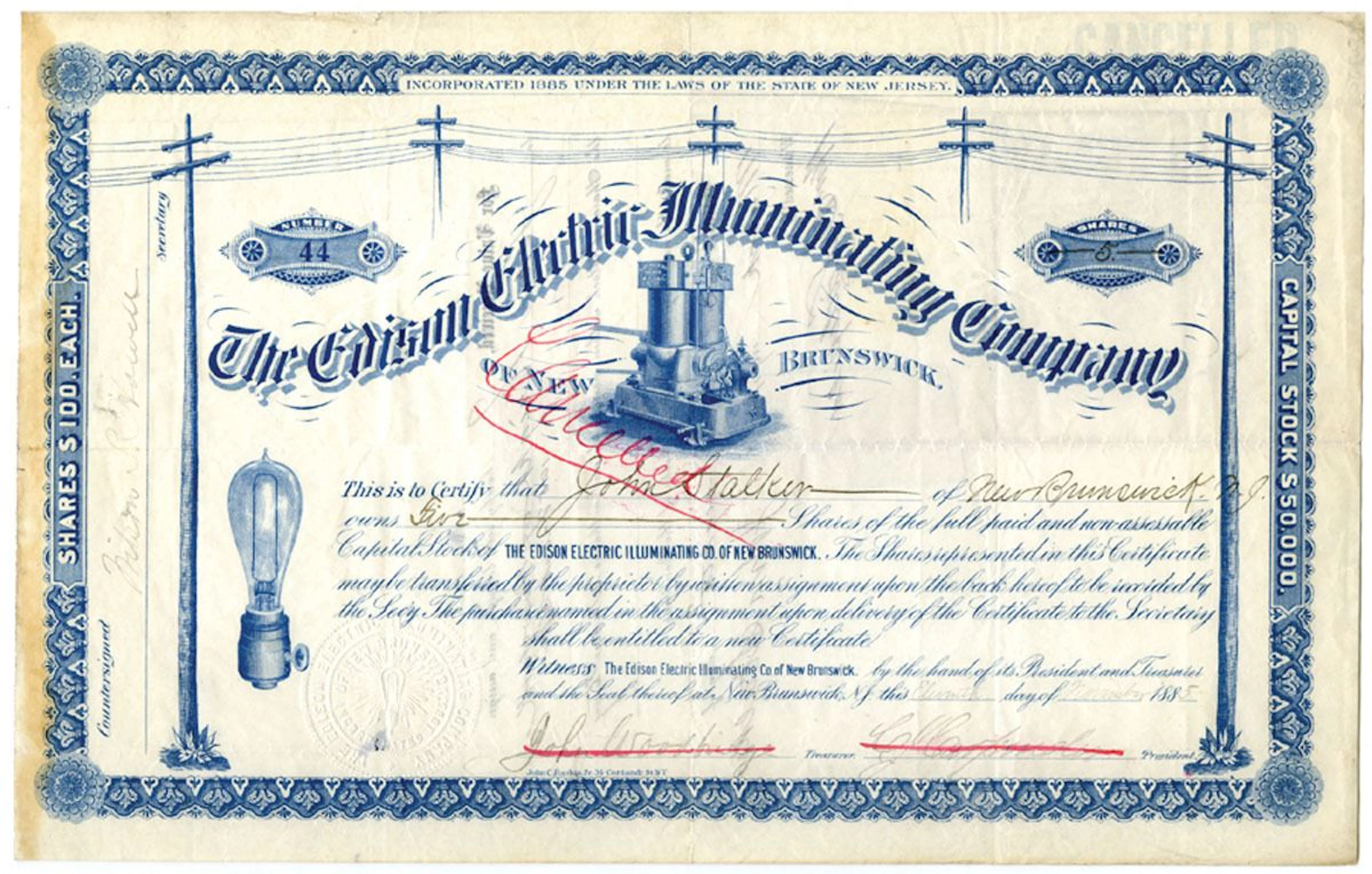 NJ. Edison Electric Illuminating Co. of New Brunswick, 1885, I/C Stock
