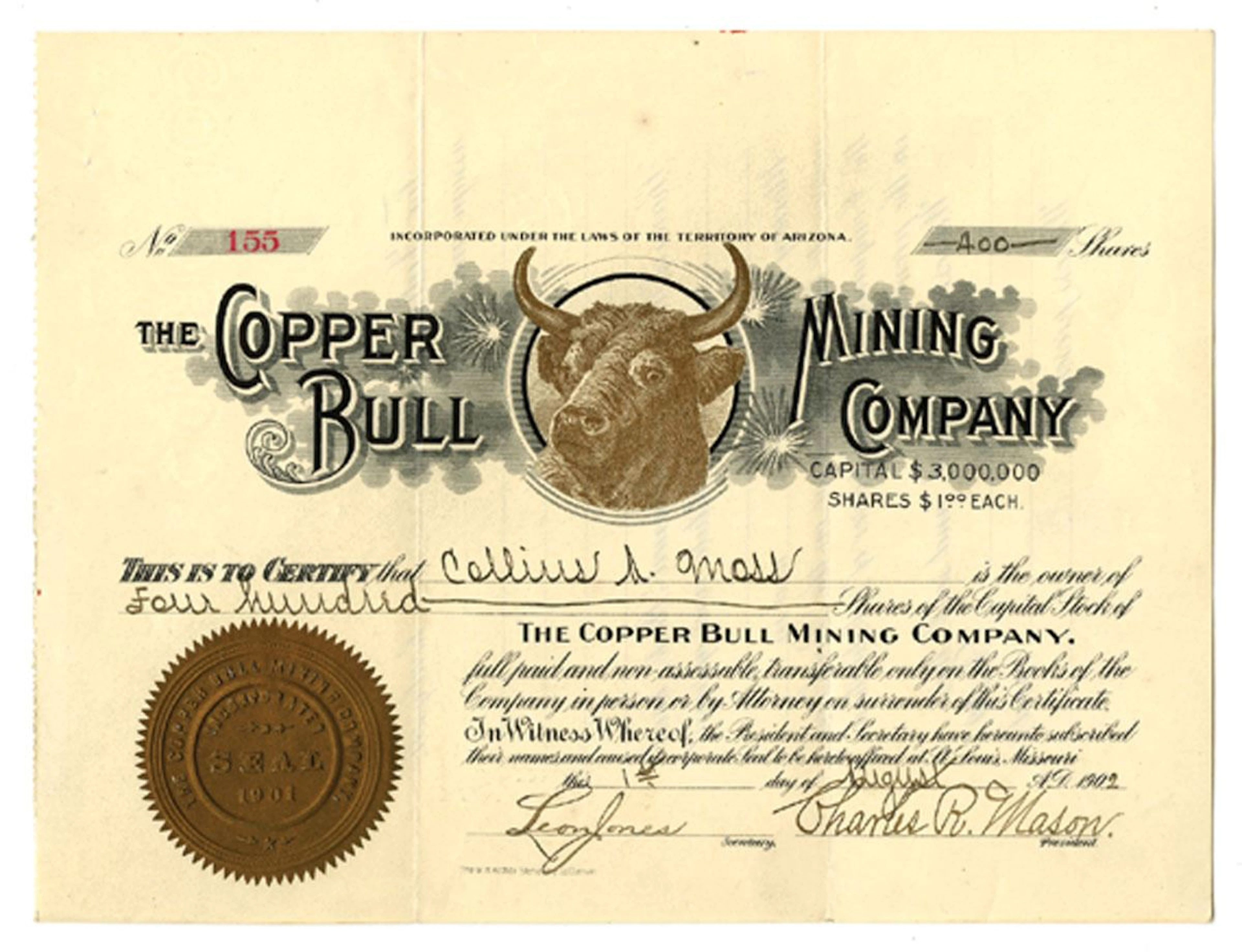 AZ. Copper Bull Mining Co., 1902, I/U Stock Certificate.