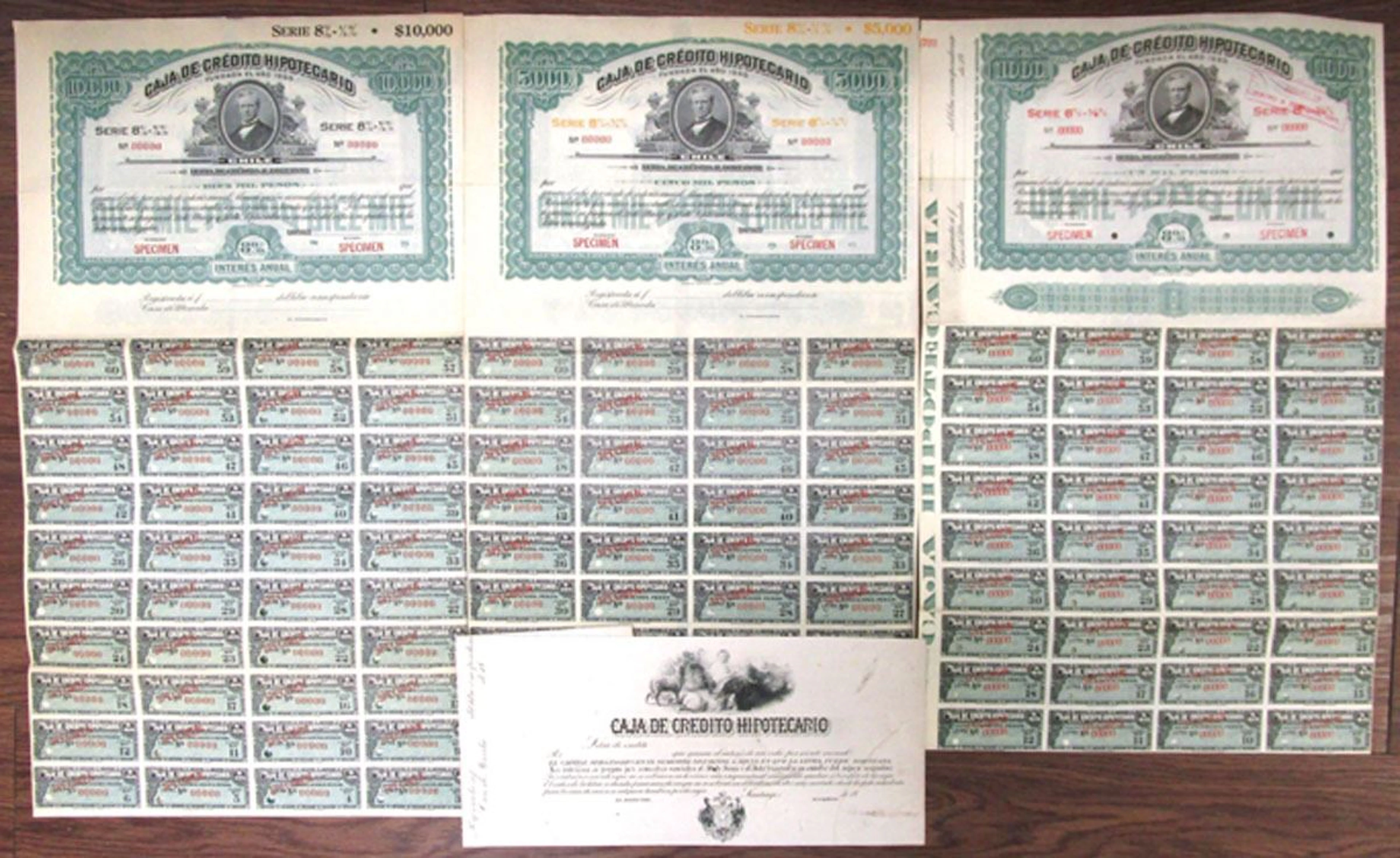 Chile. Caja de Credito Hipotecario, ND (1900s), Specimen Bond Trio