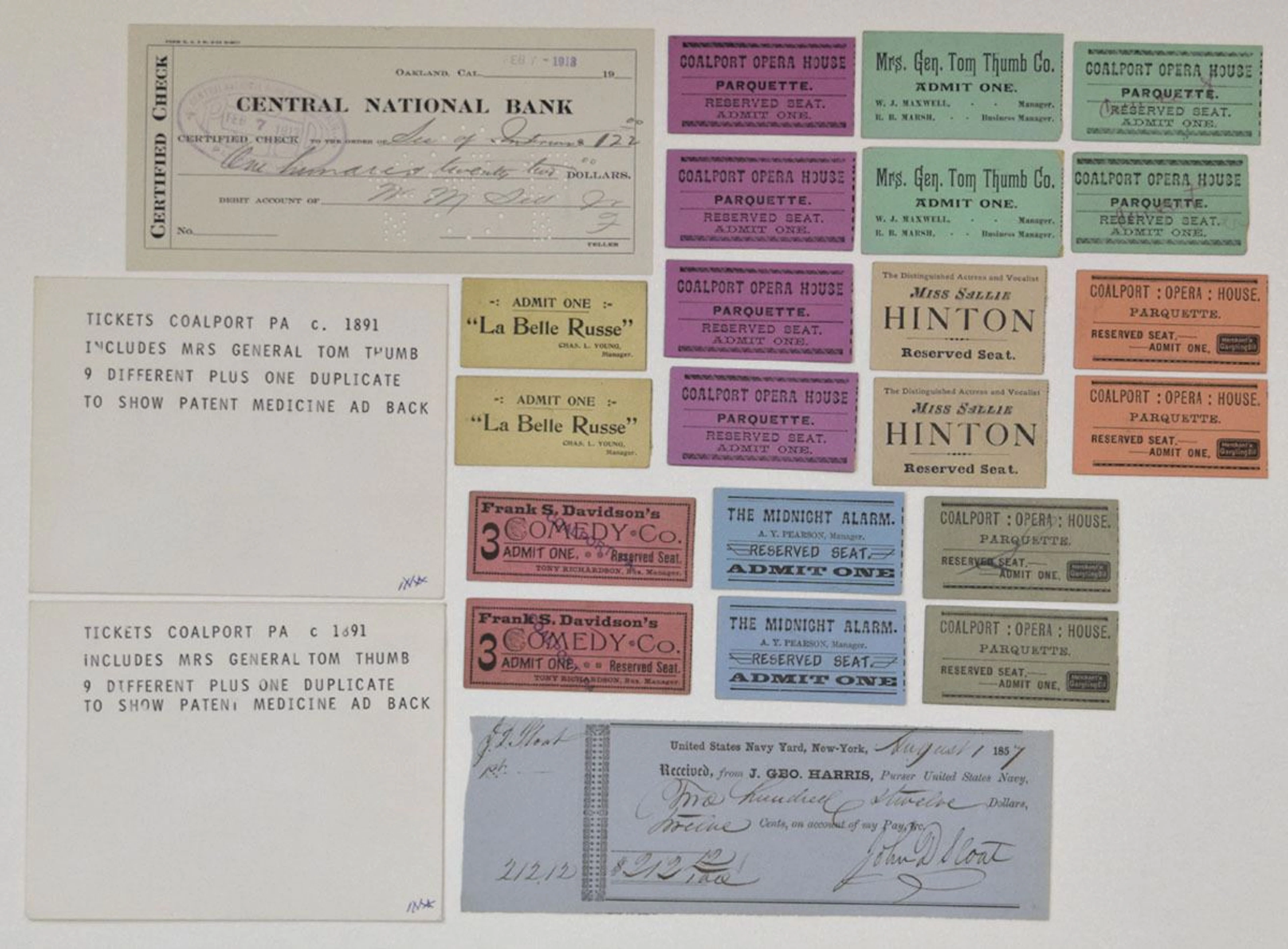 Coalport Opera House Tickets & Historic U.S. Bank Checks, 1857 to 1918