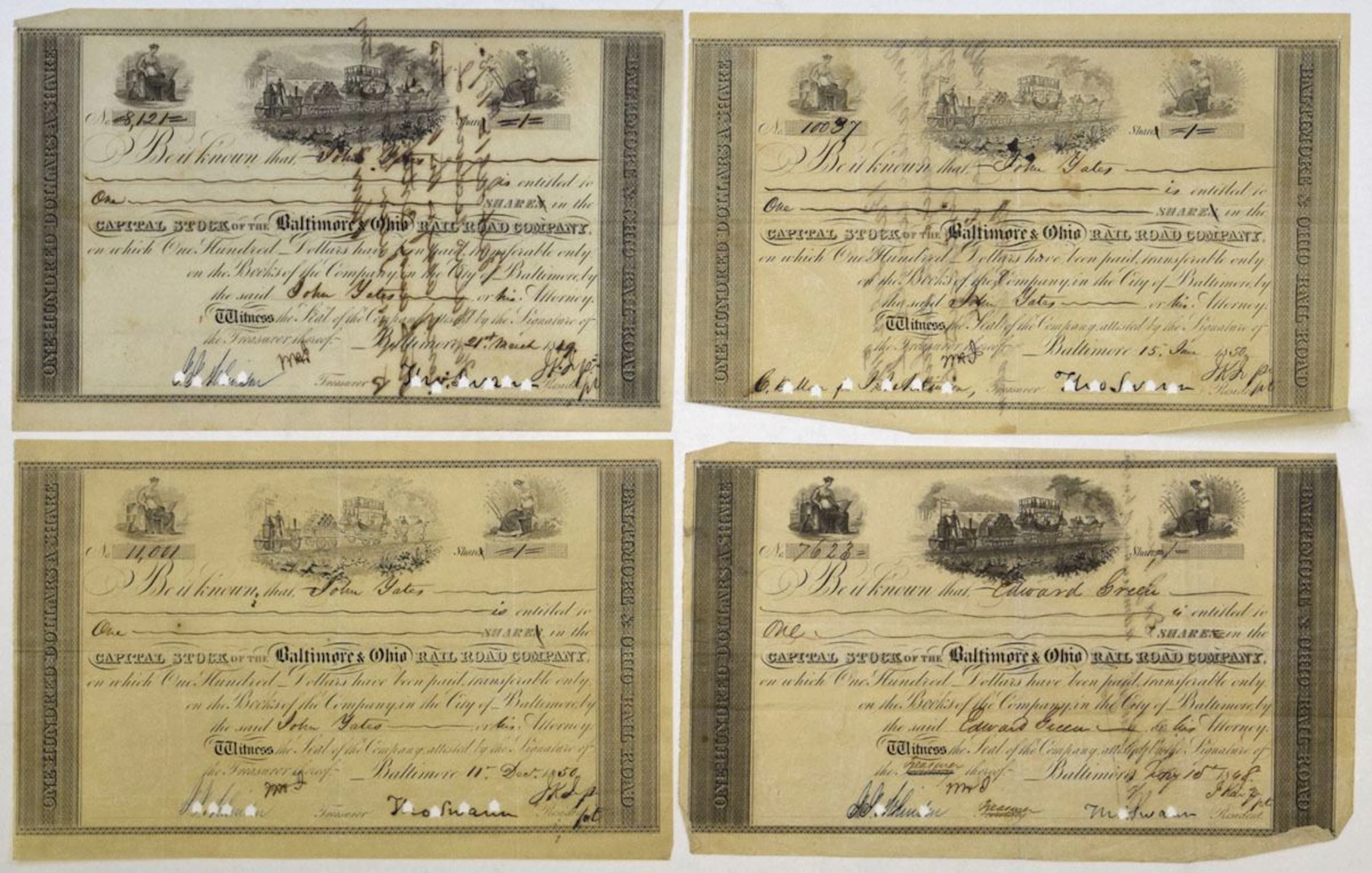 MD. Baltimore and Ohio Rail Road Co., 1848 to 1850, I/C Stock Certificates.