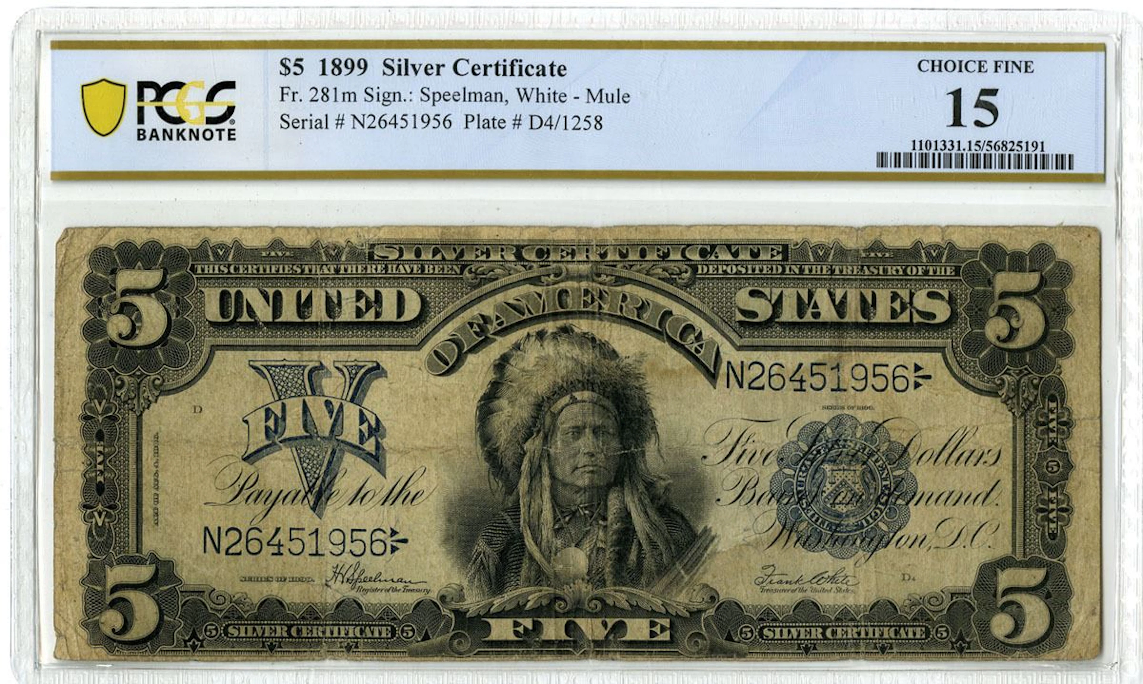 U.S. Silver Certificate. 1899 $5, Fr.# 281m, "Indian Chief" Note