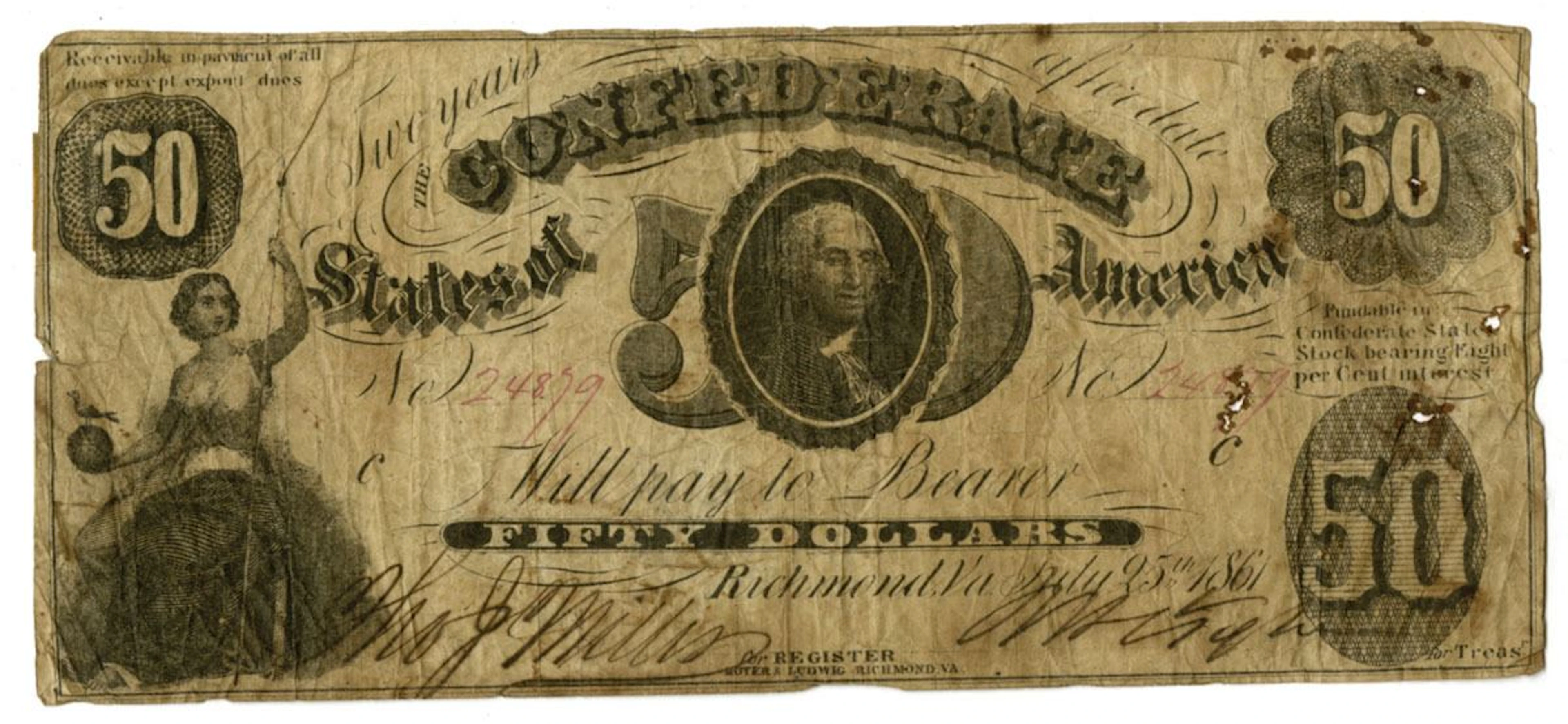 VA. C.S.A, July 25, 1861, $50, T-8, Issued Banknote.