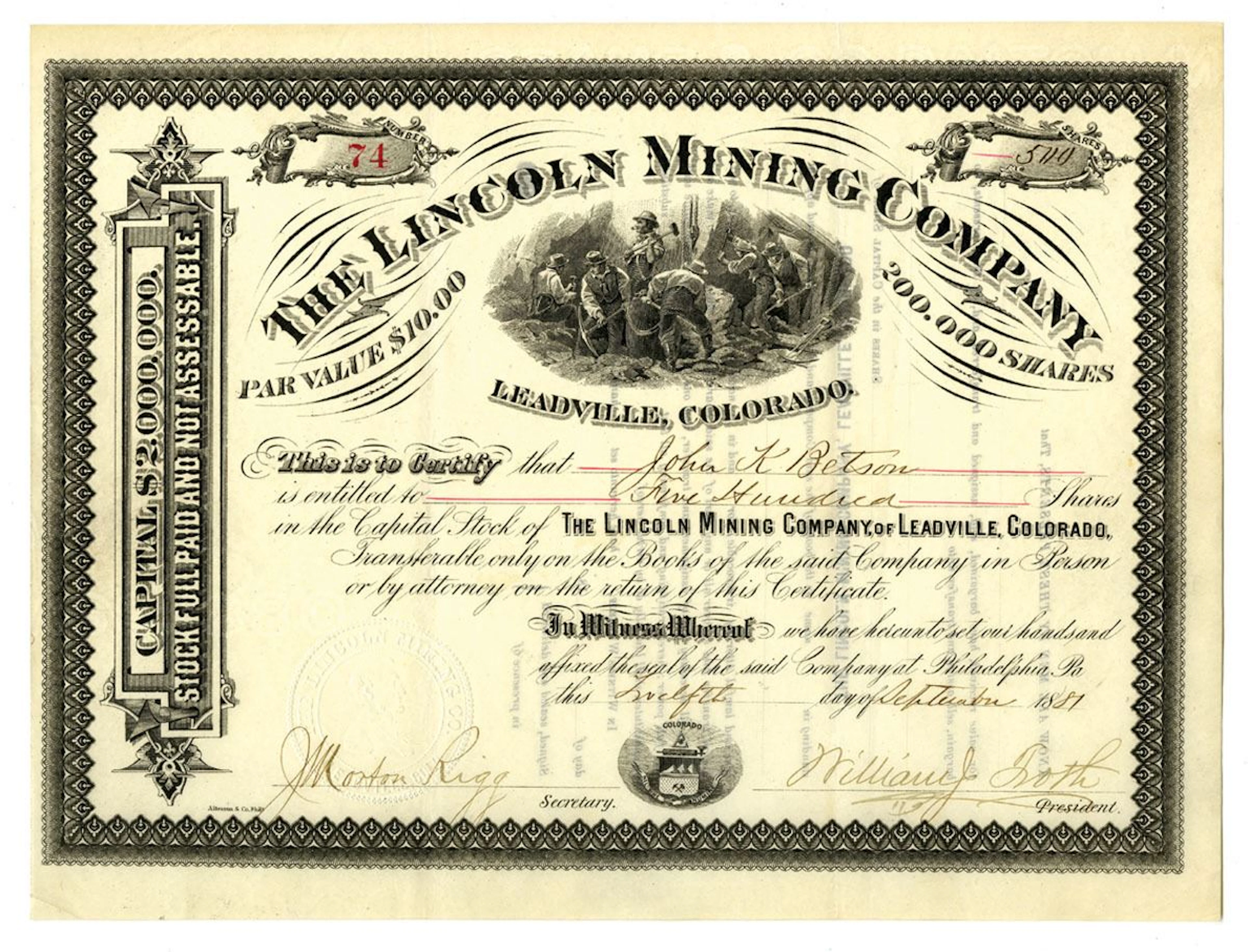 CO. Lincoln Mining Company, 1881 I/U Stock Certificate
