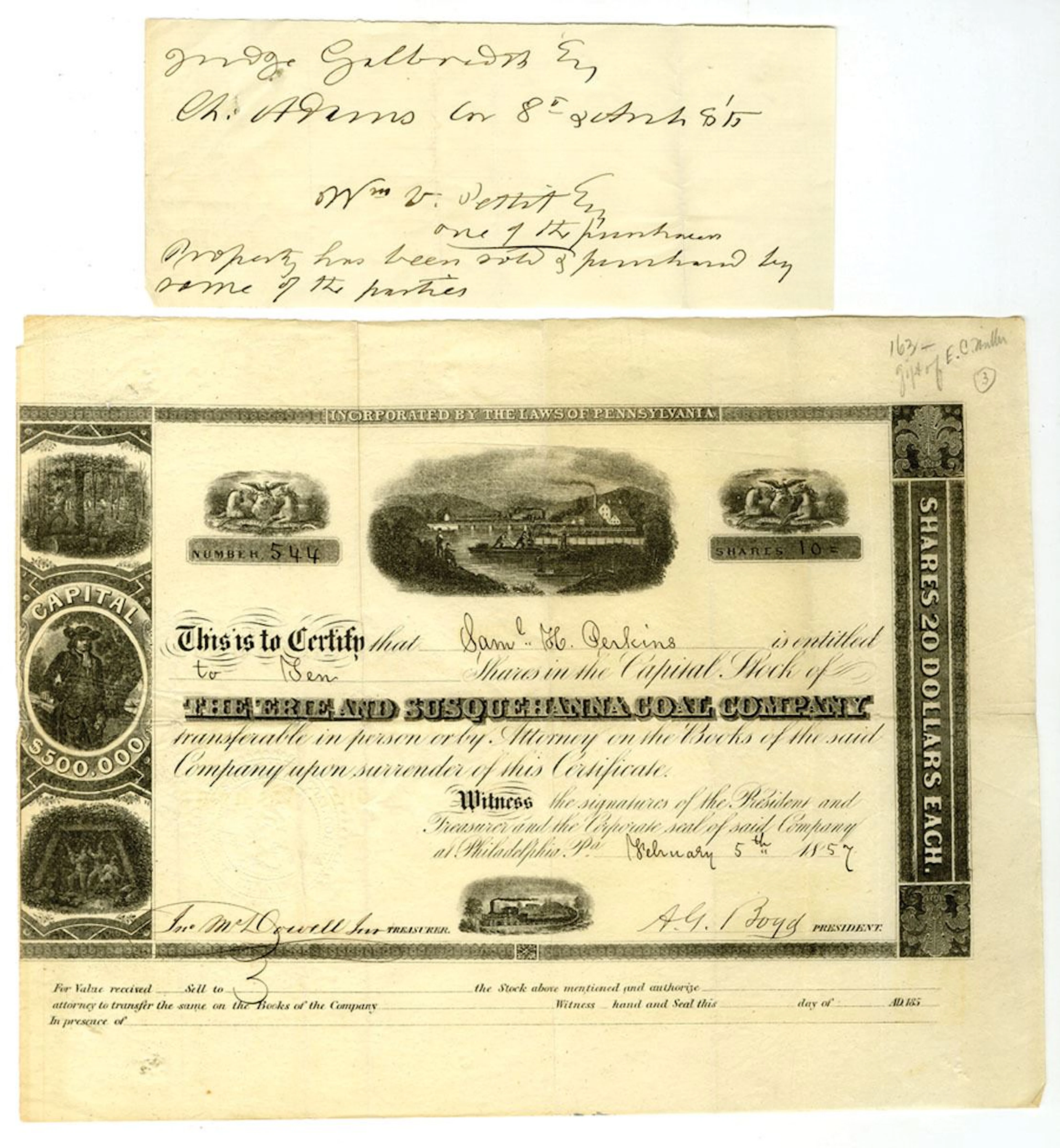 PA. Erie and Susquehanna Coal Co., 1857, I/U Stock Certificate.