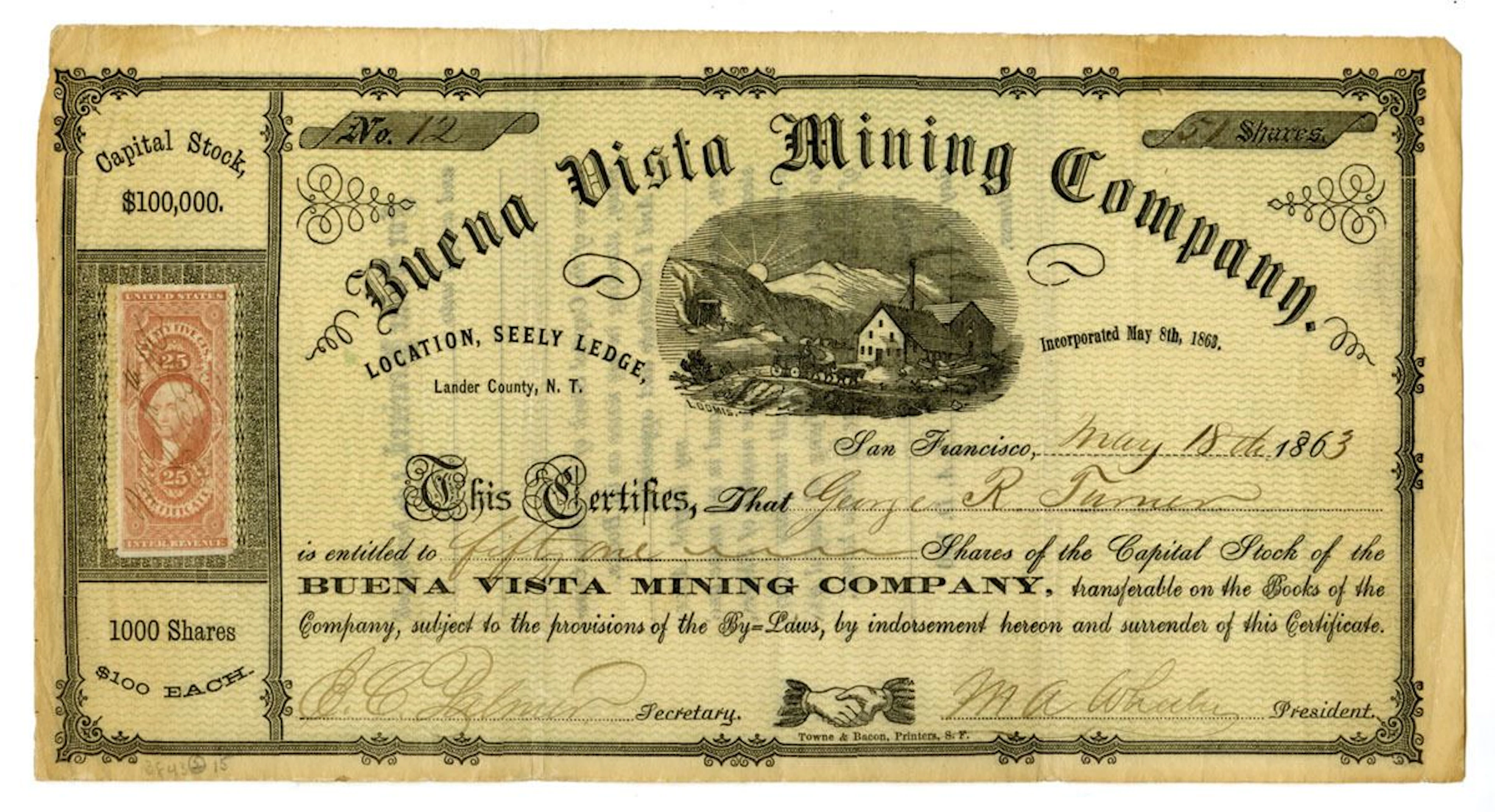 Nevada Territory. Buena Vista Mining Co., 1863, I/U Stock Certificate.