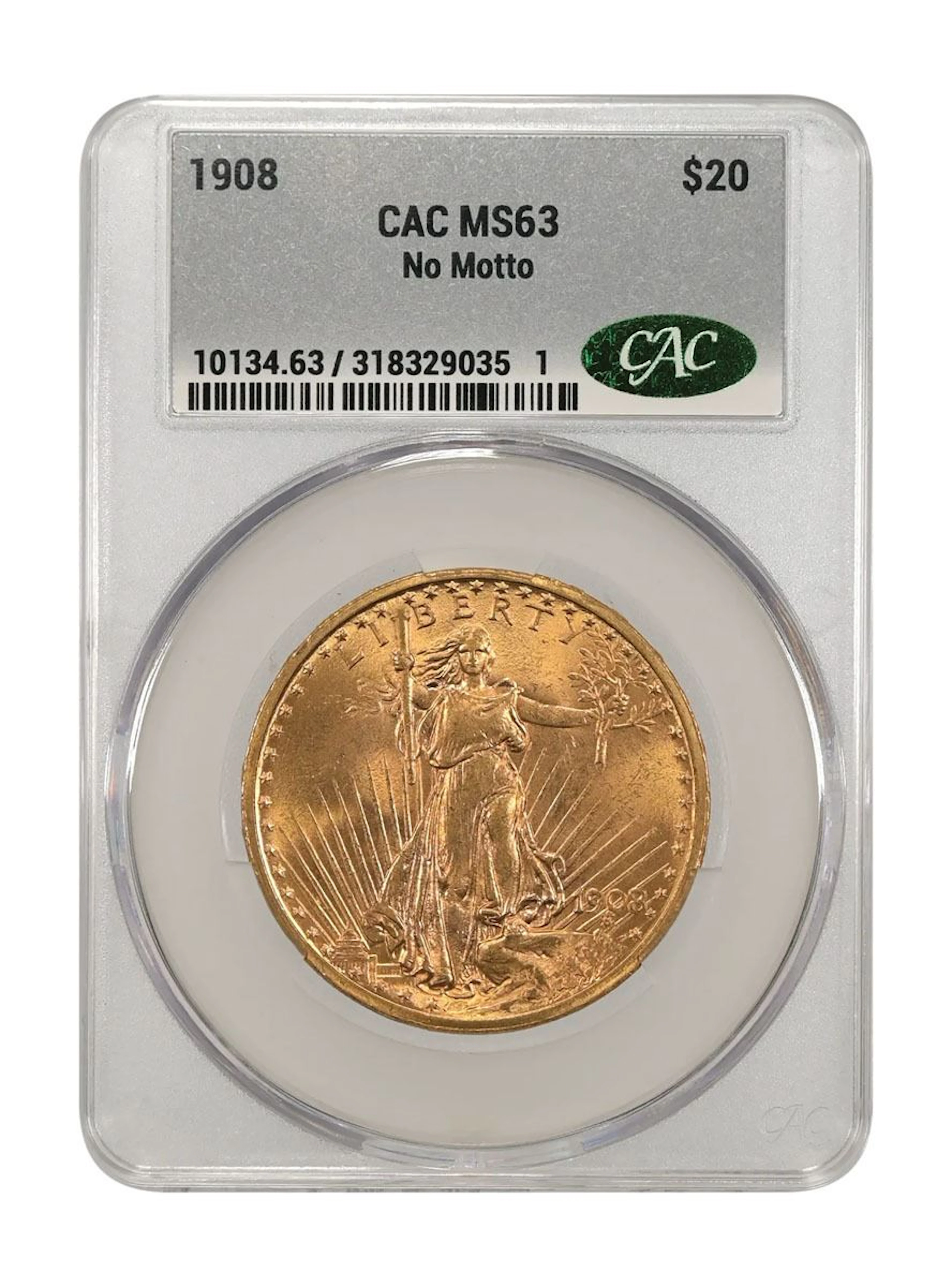 U.S., Saint-Gaudens Double Eagle, 1908, $20 Gold, No Motto, CAC MS