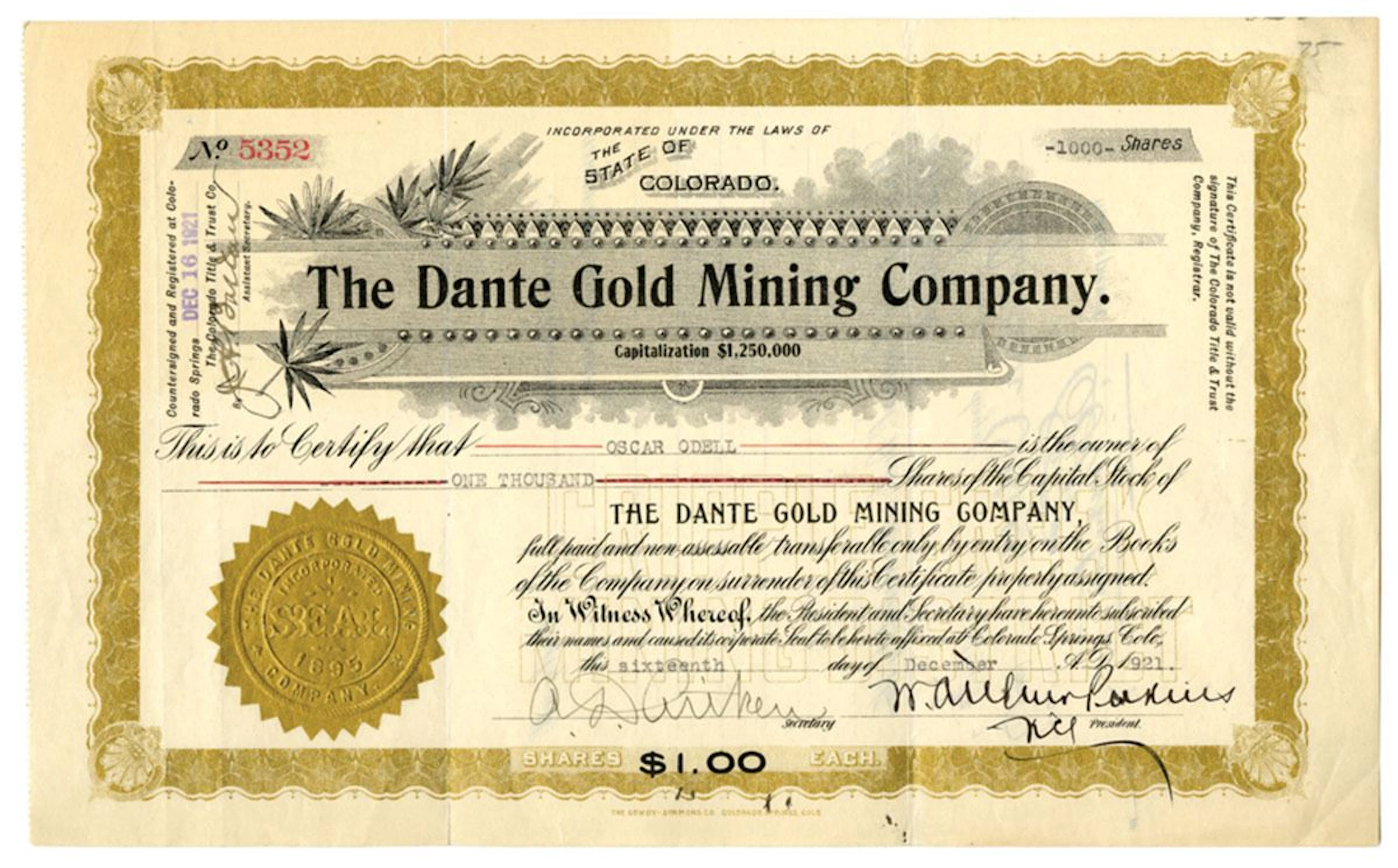 CO. Dante Gold Mining Co., 1921, I/U Stock Certificate.