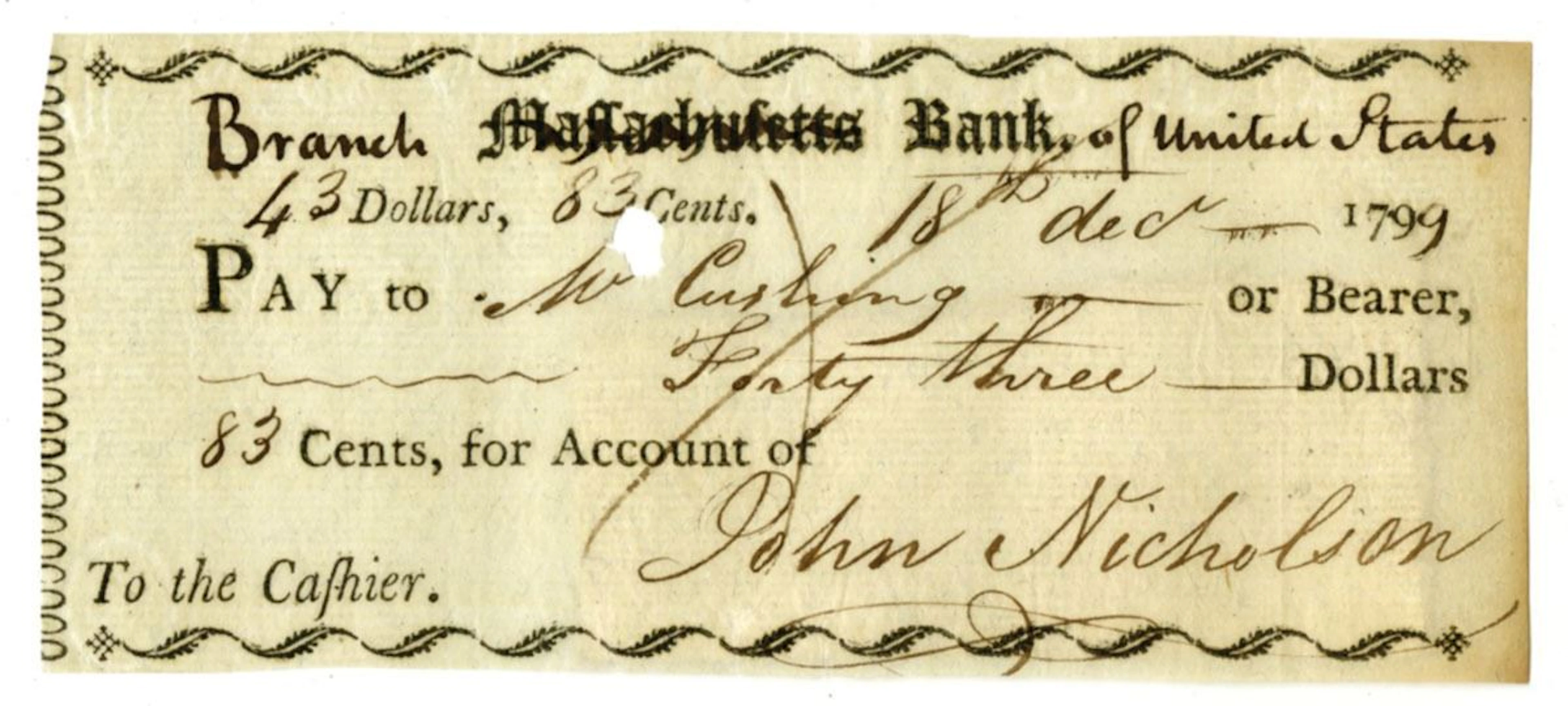 MA. Branch Bank of United States, December 18, 1799, I/C Check.