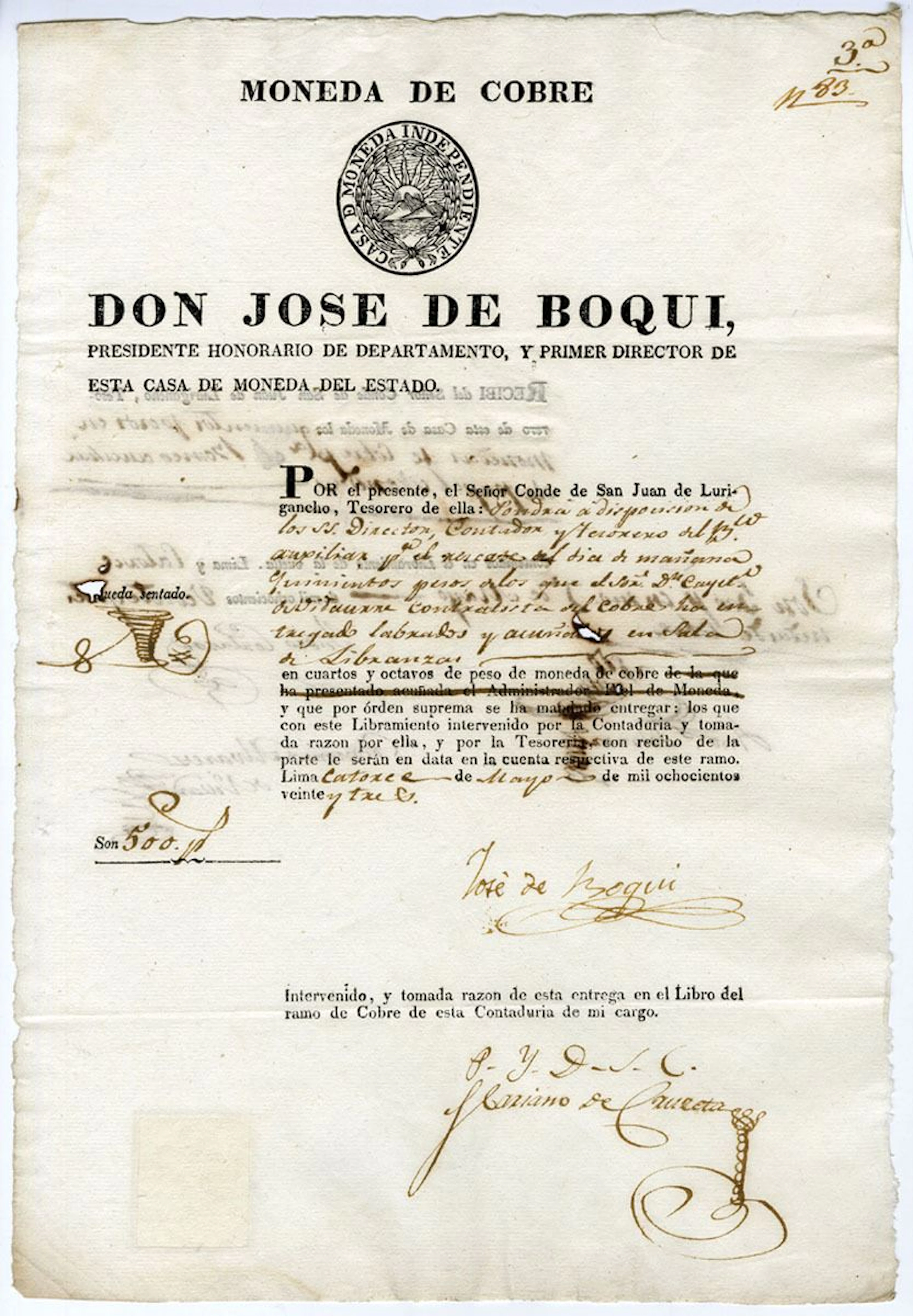 Peru. Lima, 1823 Copper Coinage Treasury Document (Signed by Jos_ de Boqui).