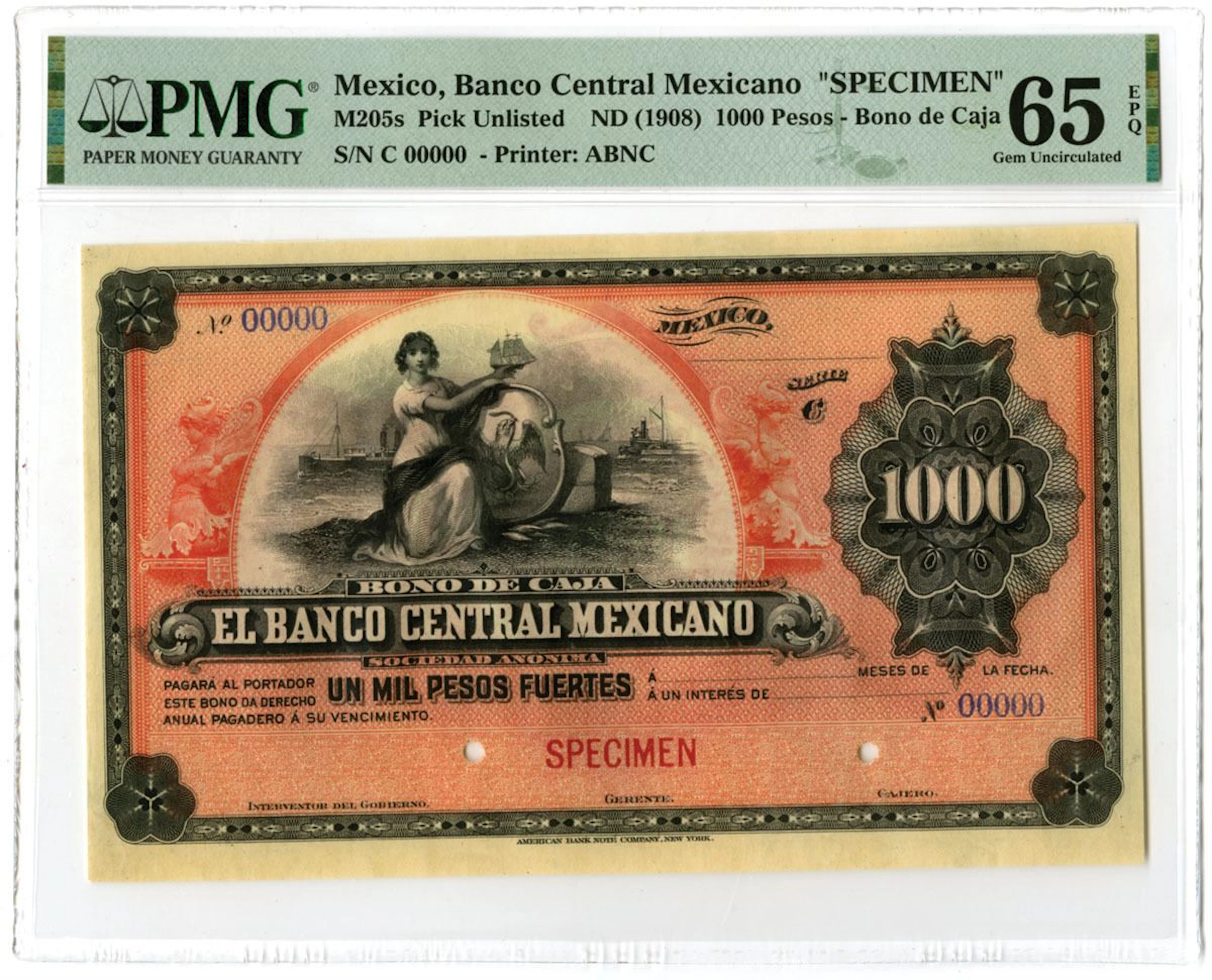 Mexico. "Bono de Caja" Banco Central Mexicano, ND (1908), Specimen Banknote.