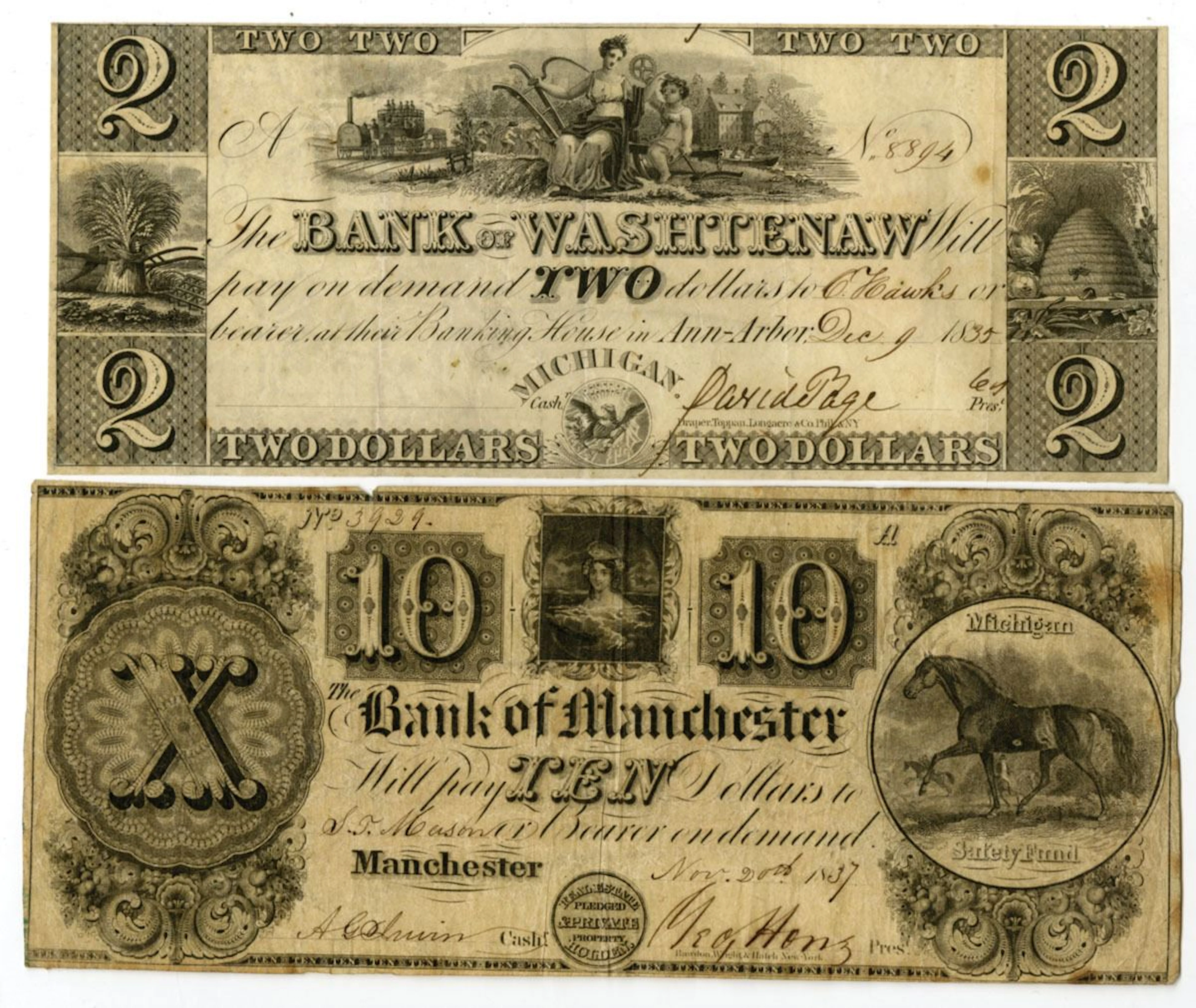 MI. Bank of Washtenaw and Bank of Manchester, 1835 and 1837, Issued