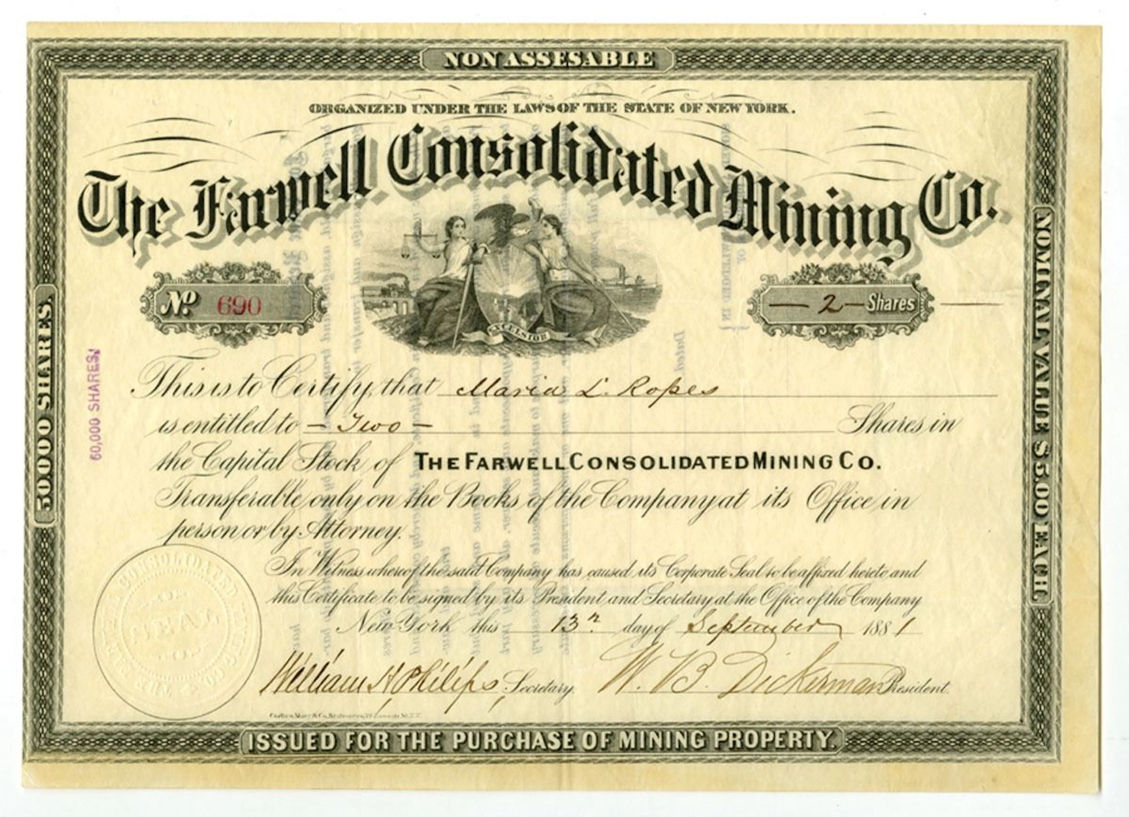 NY. Farwell Consolidated Mining Co., 1881, I/U Stock Certificate.