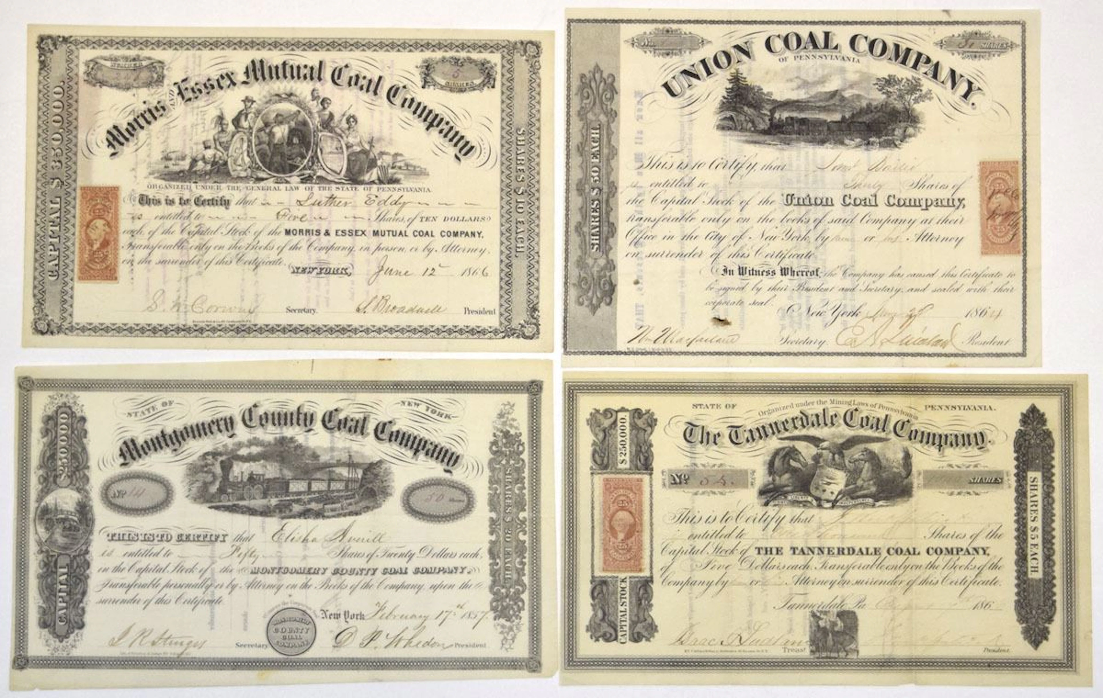 PA. Pennsylvania Mining Stock Certificate Assortment, ca.1857 to 1866.