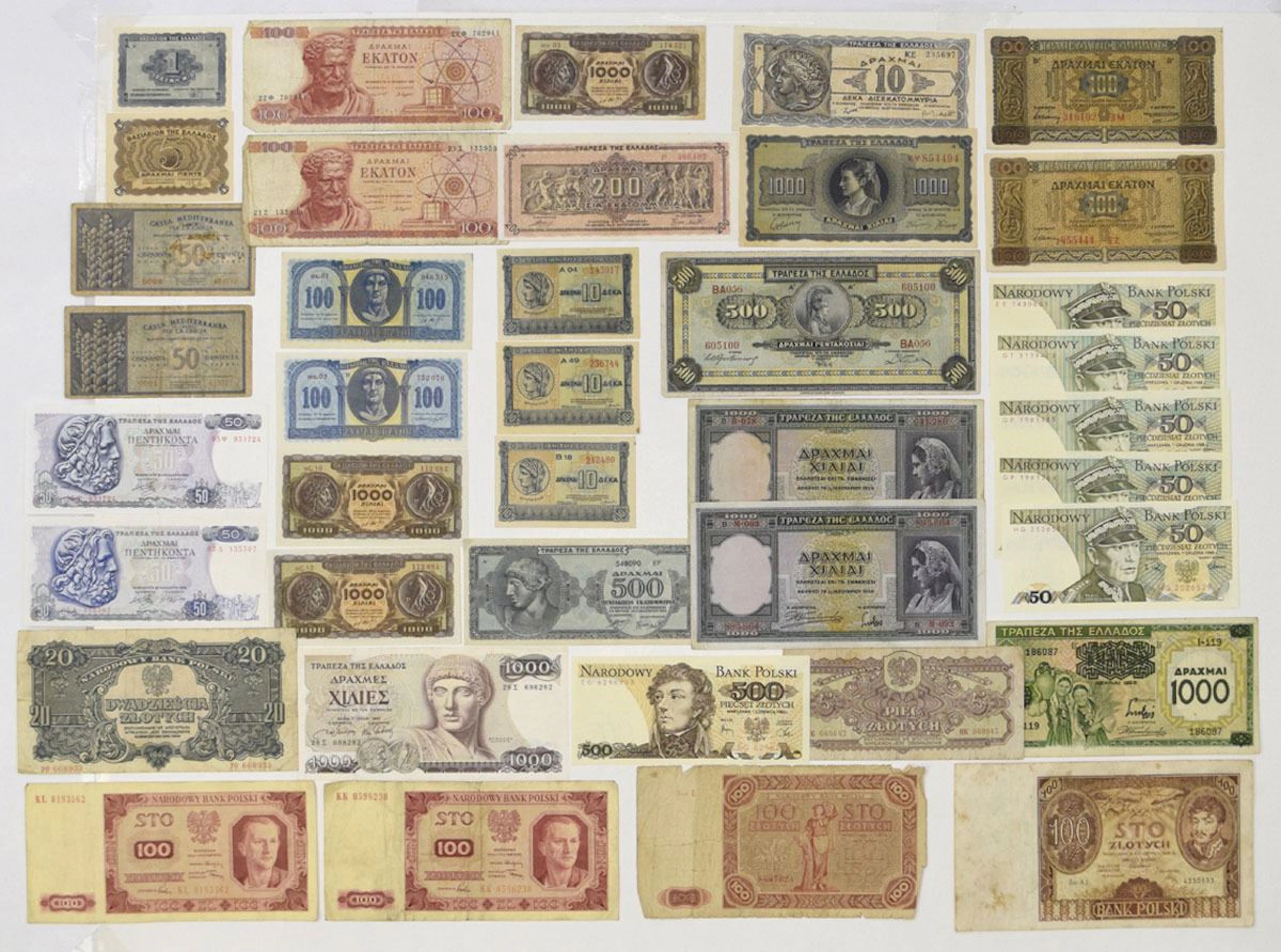 Greece & Poland. Greek and Polish Issued Banknote Assortment, 1932 to 1988.