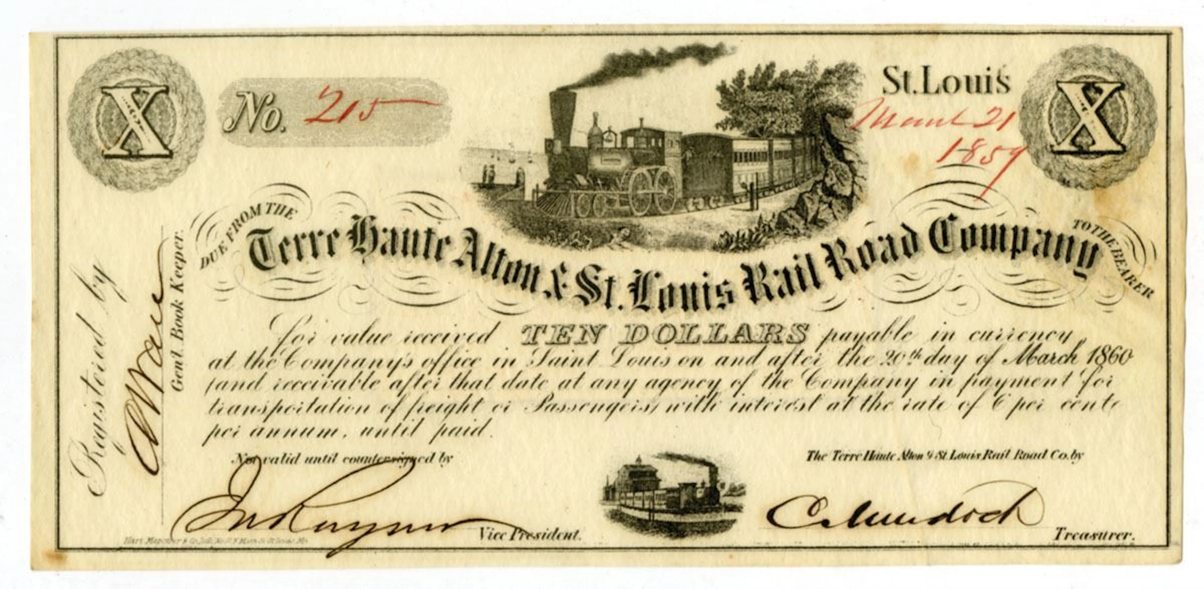 MO. Terre Haute Alton & St. Louis Rail Road Co., 1859, Issued Payment