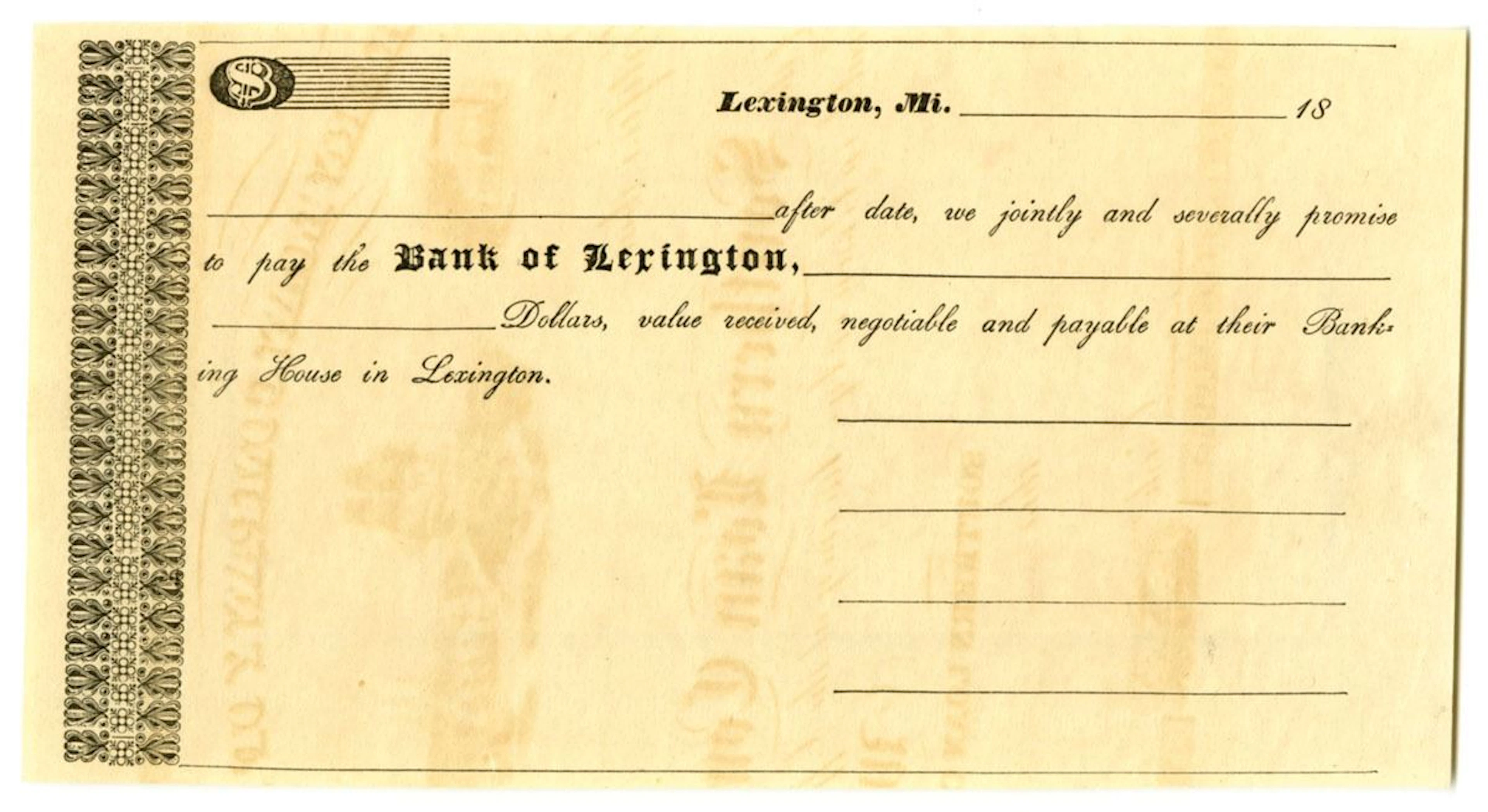 MS. Bank of Lexington, ca.1830s, Unissued Promissory Note.