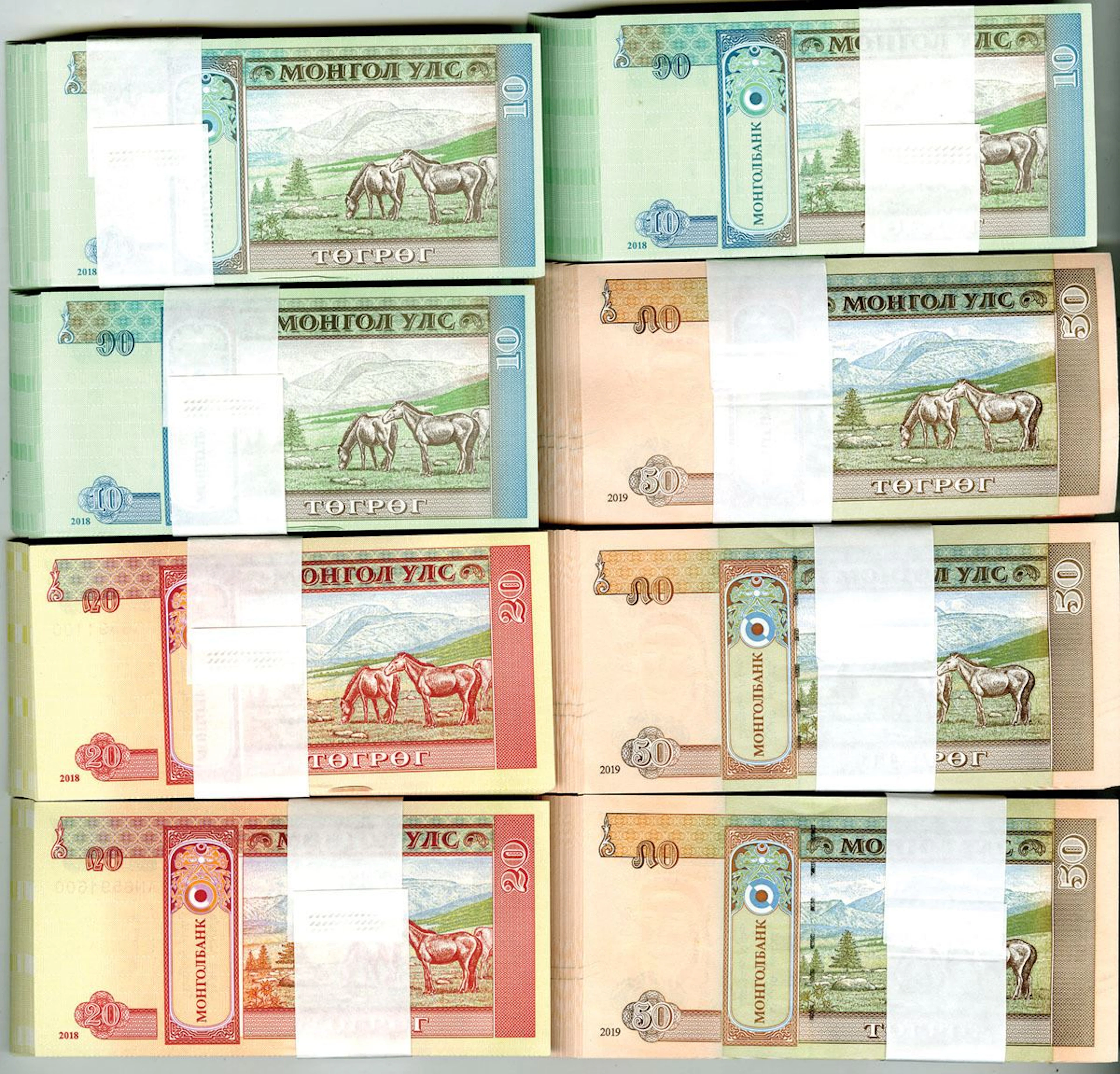 Mongolia. Mongol Bank. 2018-2019. 8 Packs of 100 Uncirculated Banknotes.