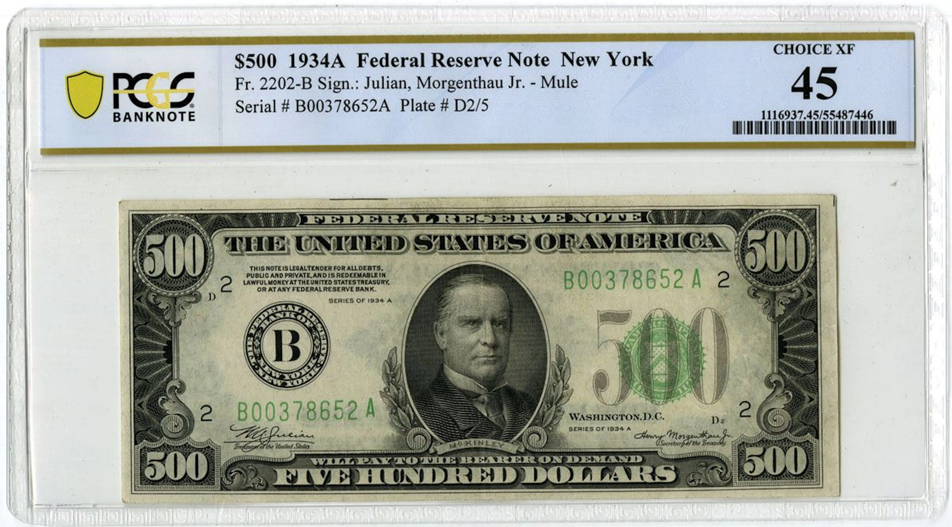 U.S. F.R.N., New York. 1934A $500, Fr.# 2202-B, Issued Banknote, PCGS