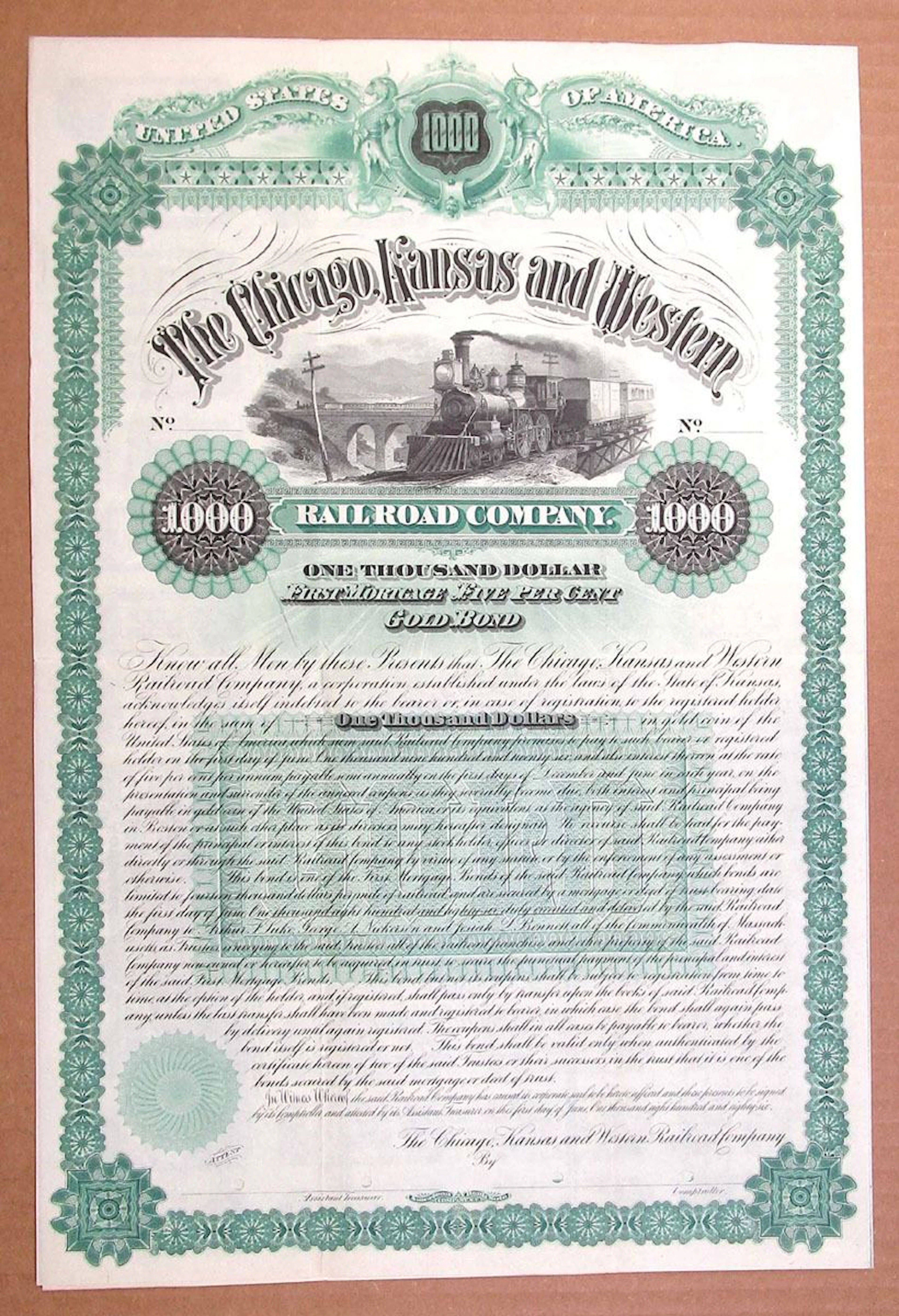 KS. Chicago, Kansas and Western Railroad Co. 1886 Specimen Gold Coupon Bond