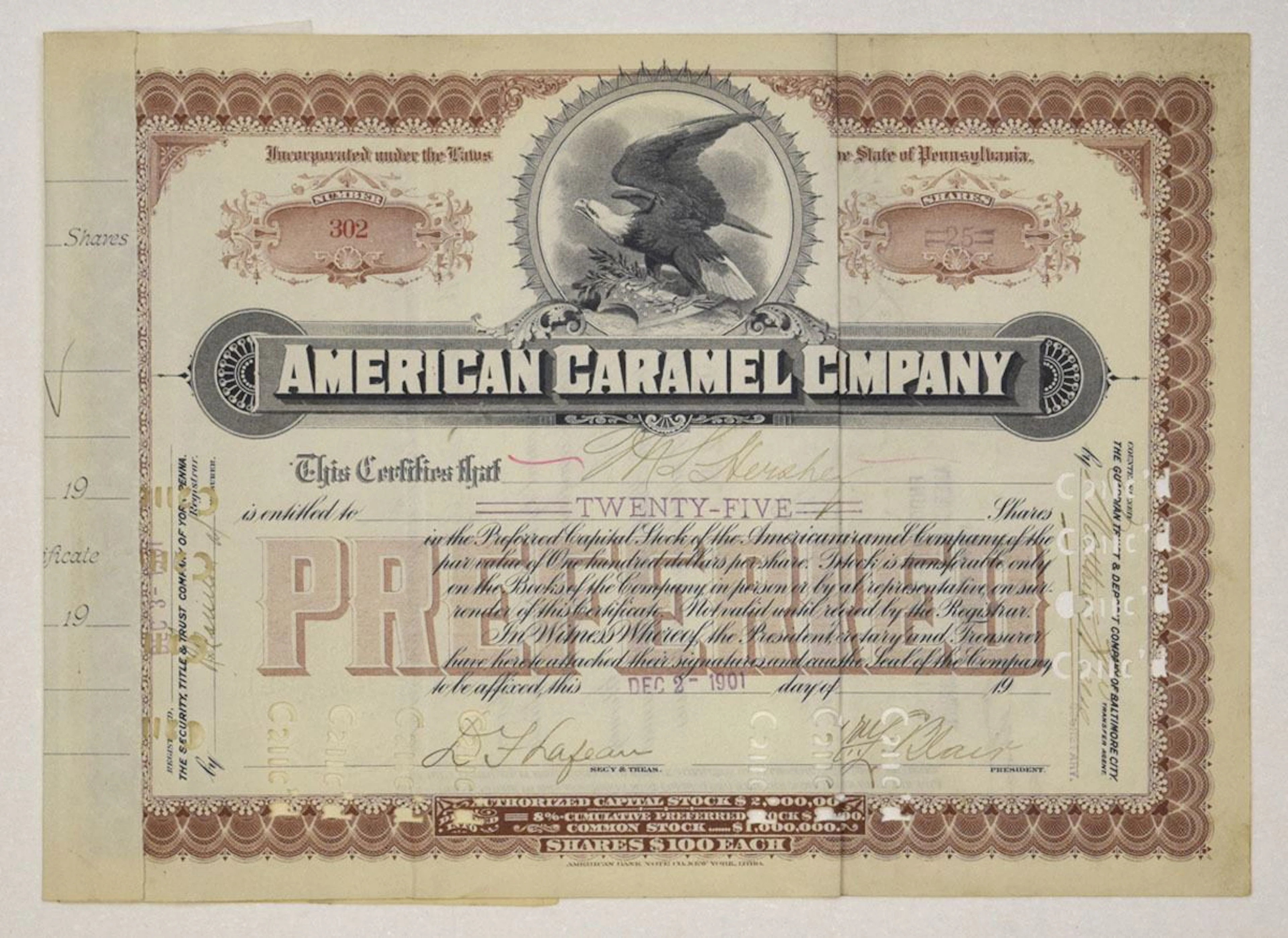 PA. American Caramel Co., 1901, I/C Stock Certificate ITASB Milton Hershey.