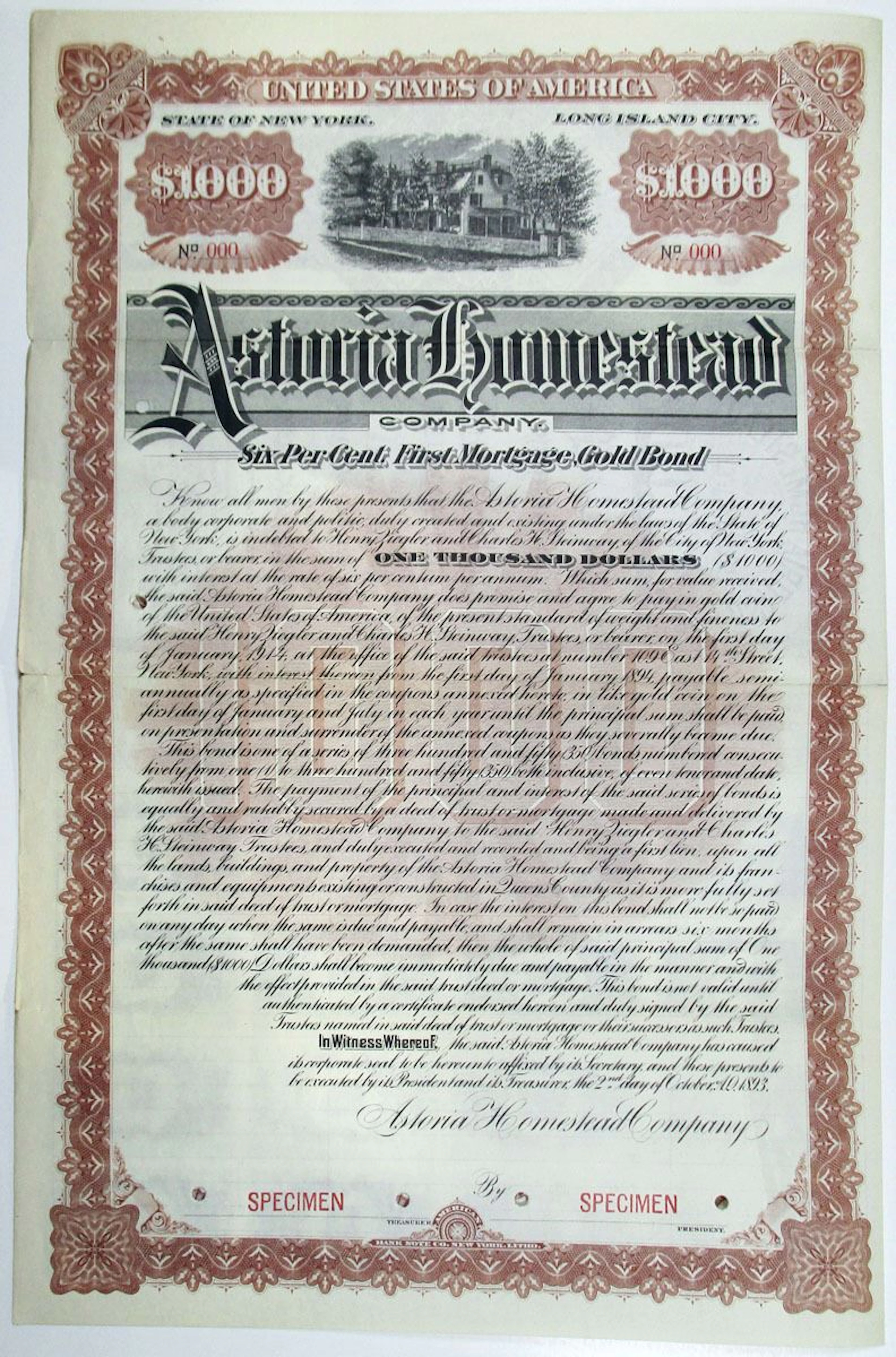 NY. Astoria Homestead Co., Long Island City, NY, 1893 Specimen Bond