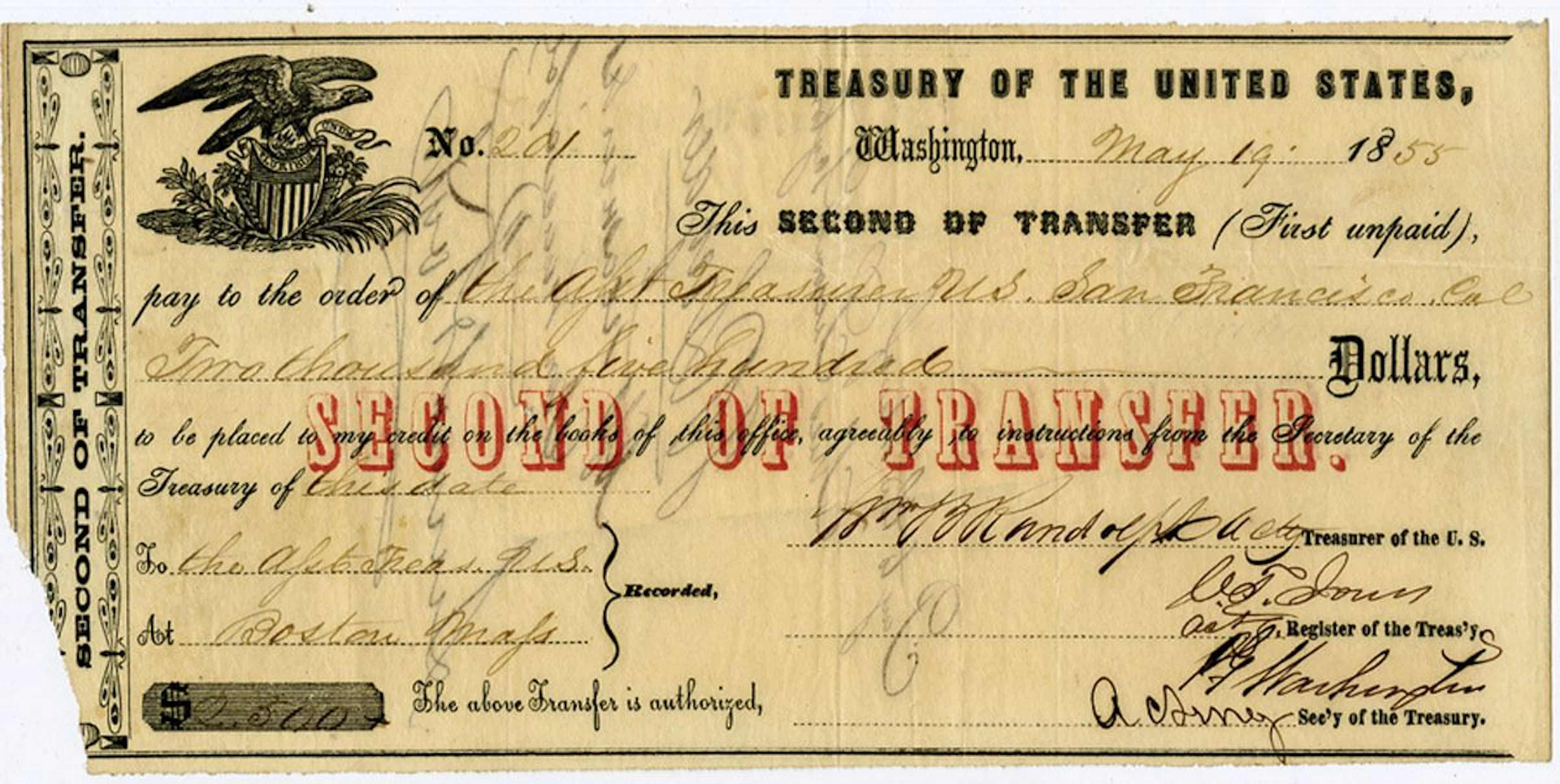 D.C., CA., Treasury of the United States, 1855 "Second of Transfer"