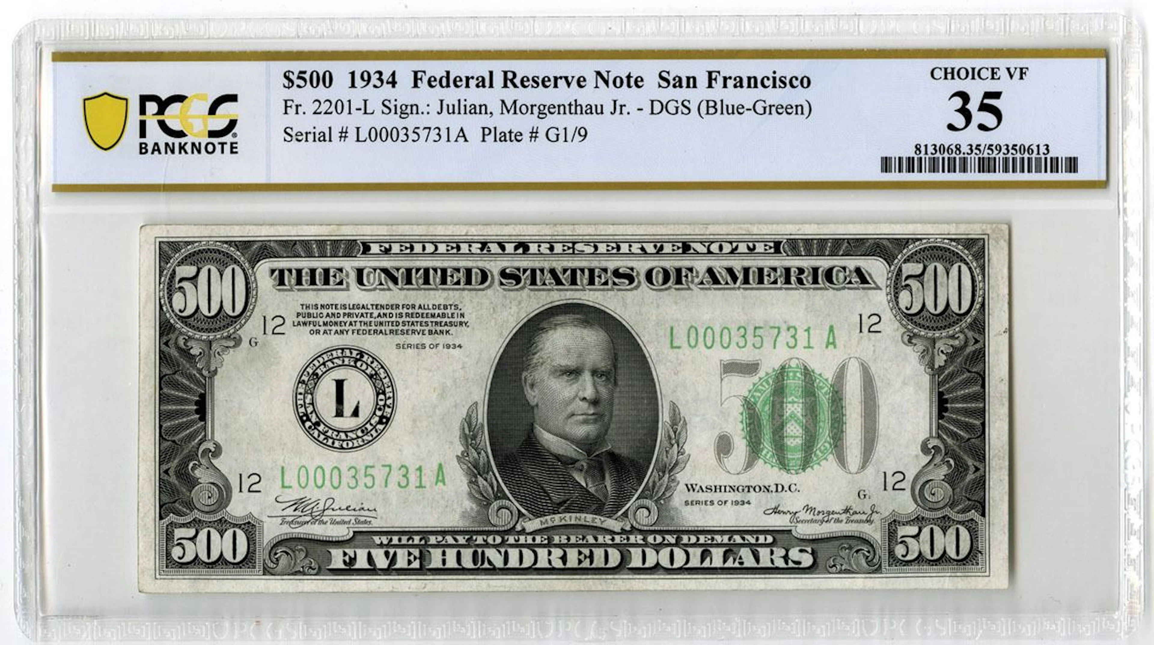 U.S. F.R.N., San Francisco. 1934 $500, Fr.# 2201-L, Issued Banknote