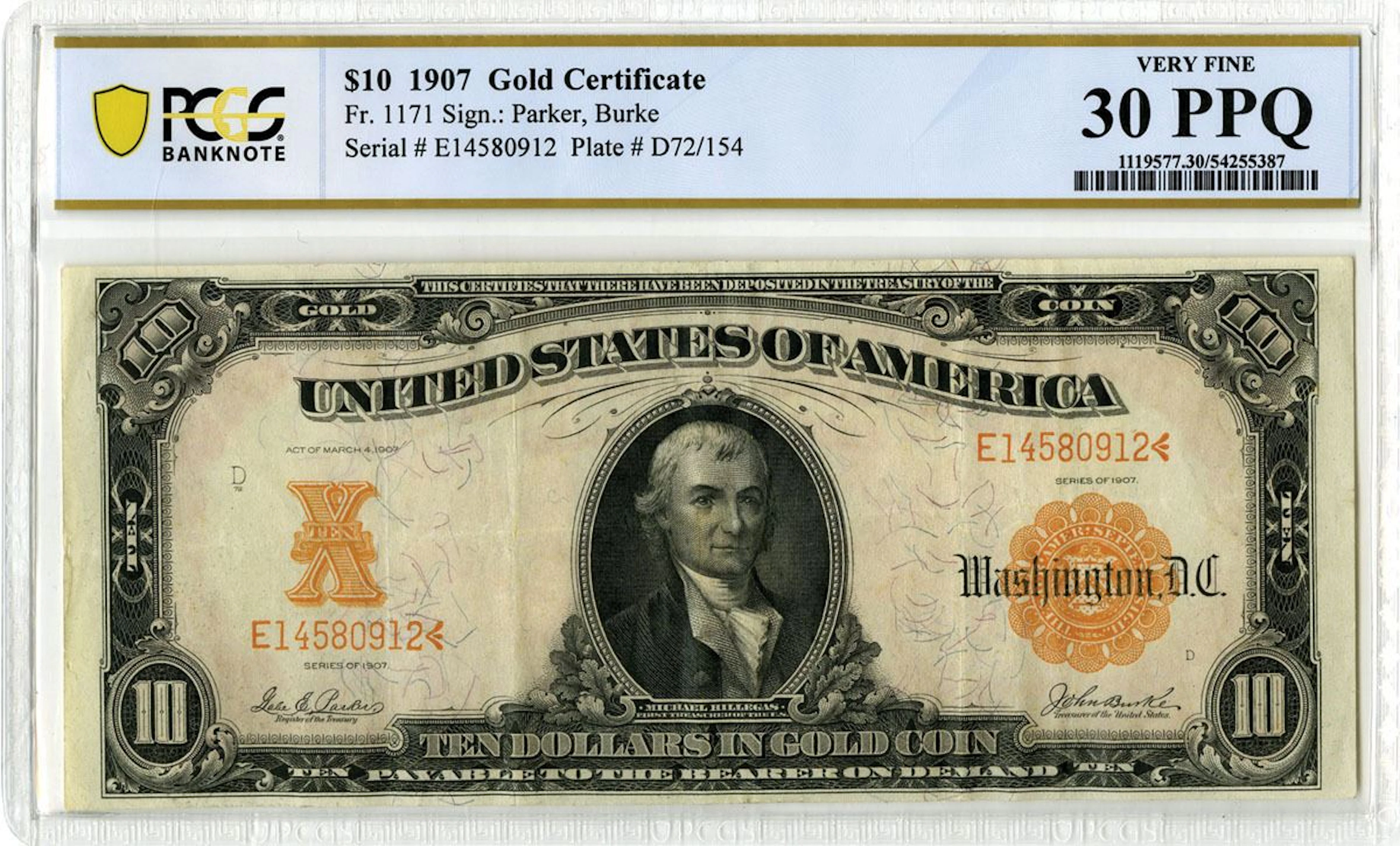 U.S. Gold Certificate. 1907 $10, Fr.# 1171, Issued Banknote, PCGS