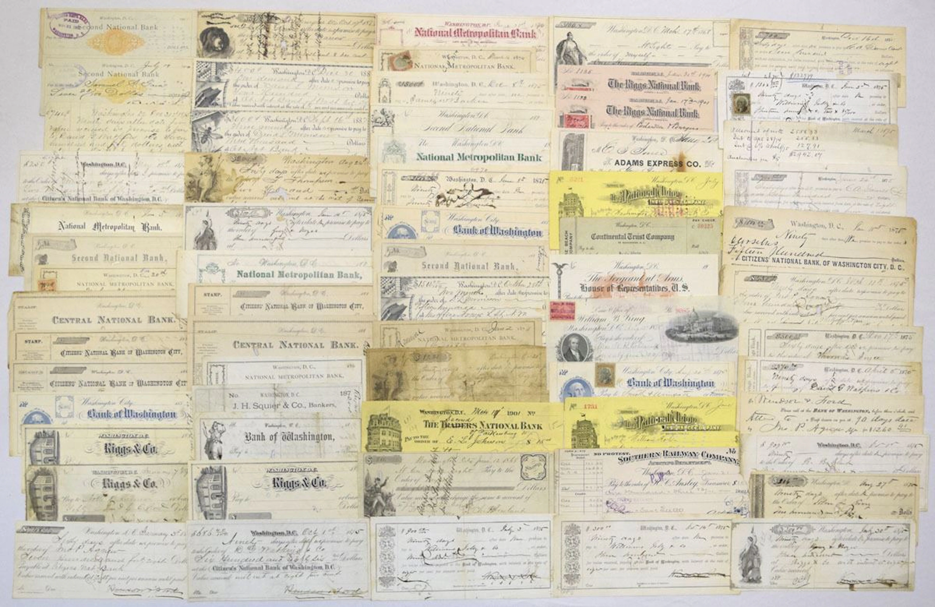 Washington D.C. Bank Check & Promissory Note Collection, 1868 to 1901