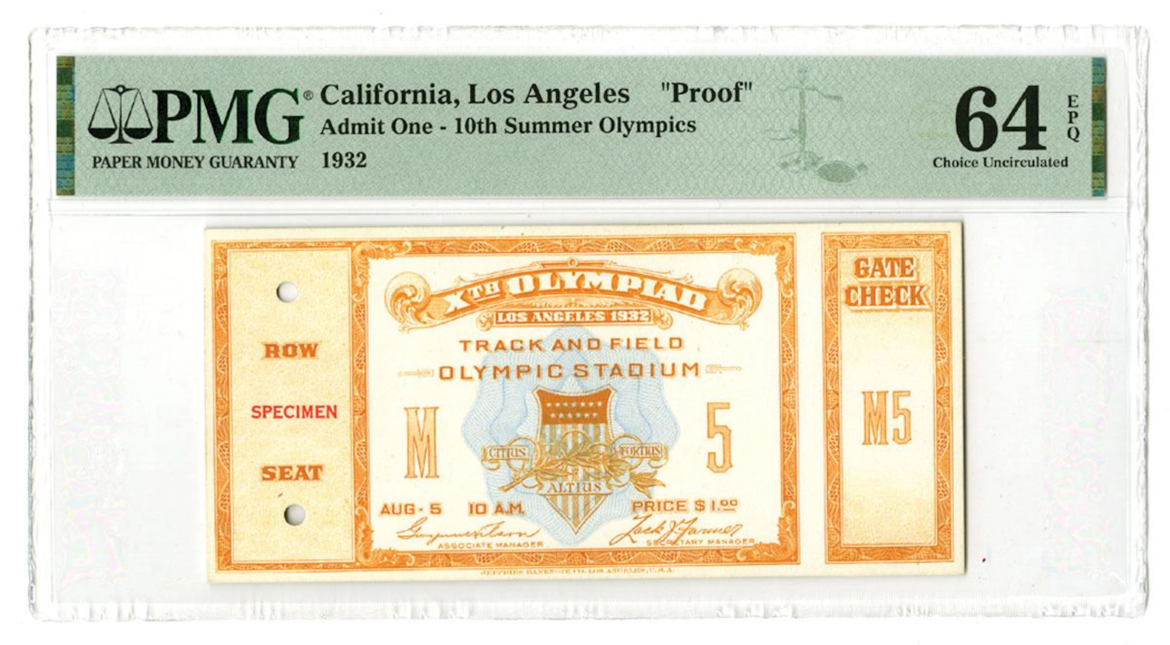 CA. 10th Summer Olympics, 1932, Specimen-Proof Admission Ticket.