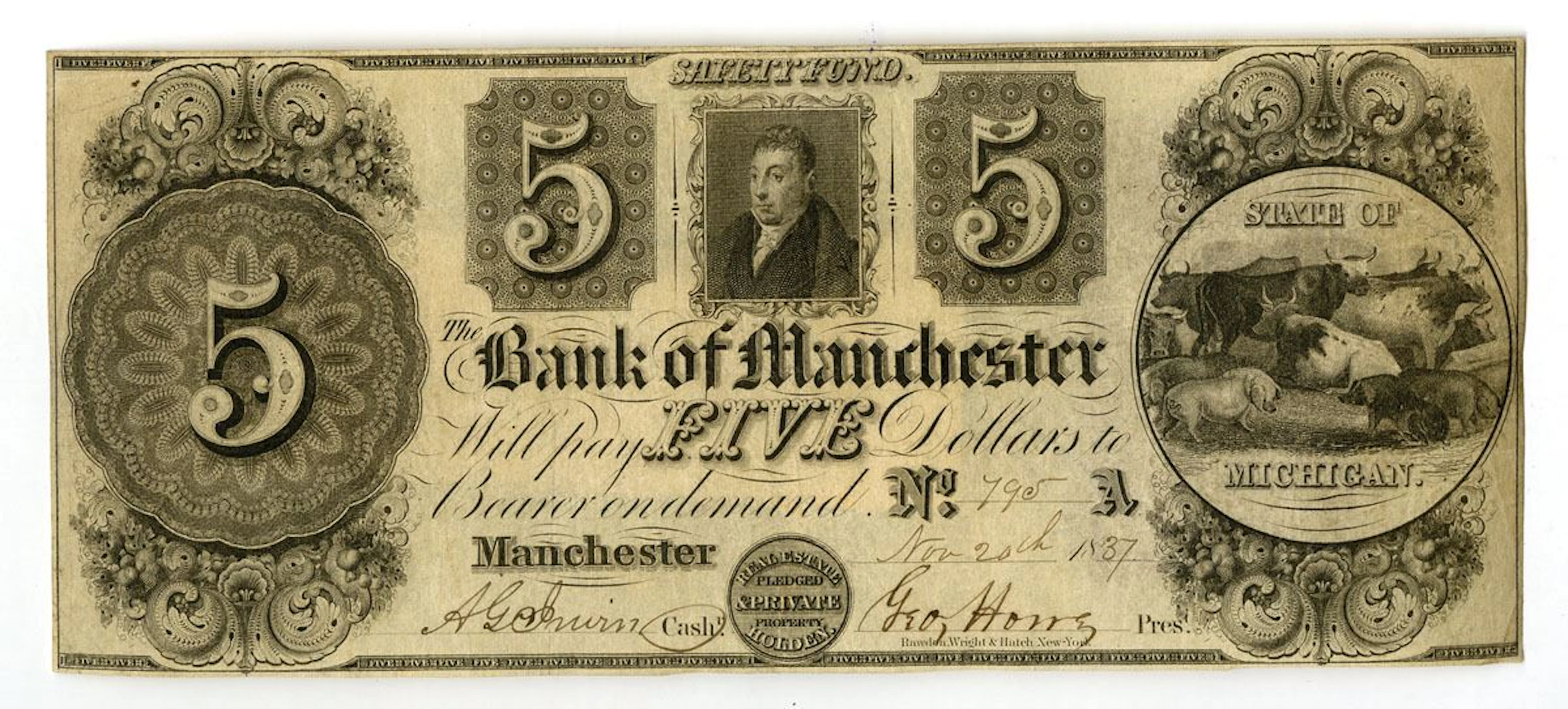 MI. Bank of Manchester, 1837, Issued Obsolete Banknote.
