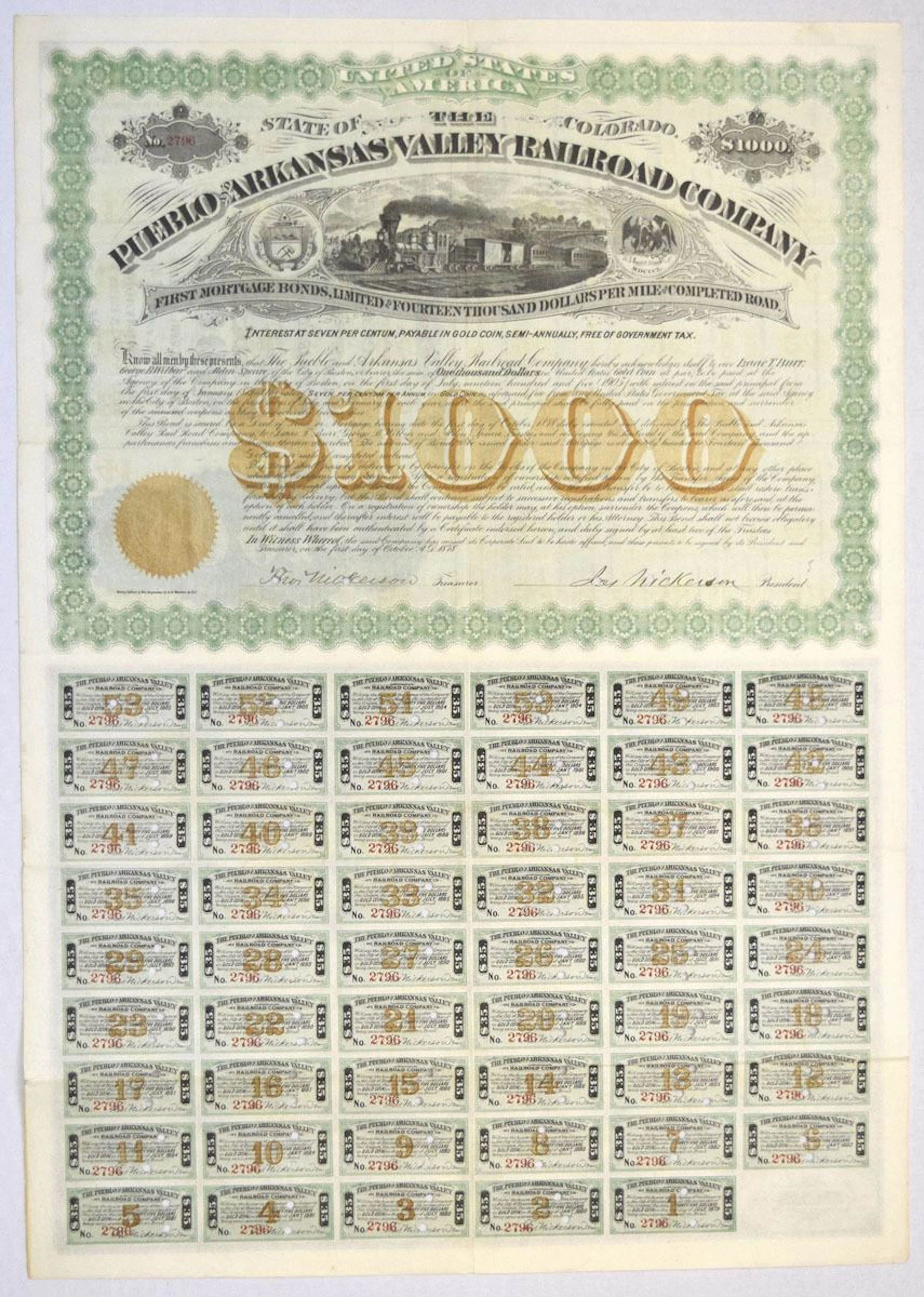 CO. Pueblo and Arkansas Valley Railroad Co., 1878, I/C Coupon Bond.
