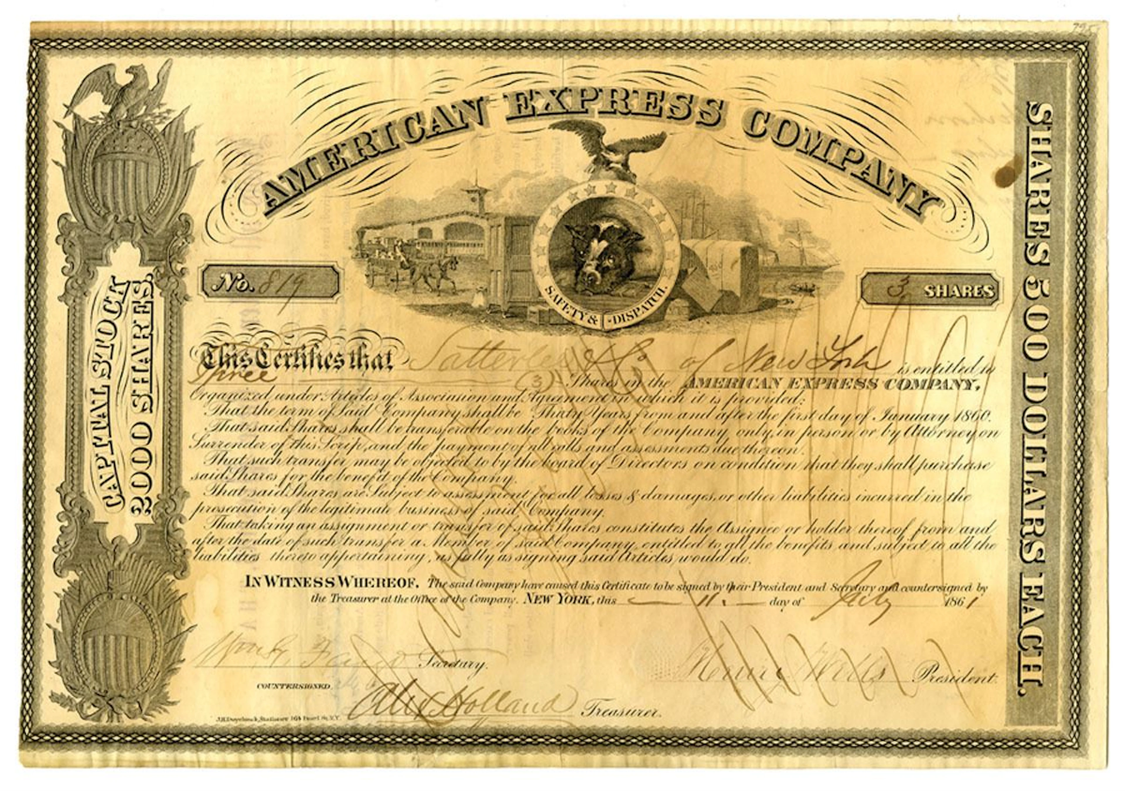NY. American Express Co., 1861, I/C Stock Certificate.