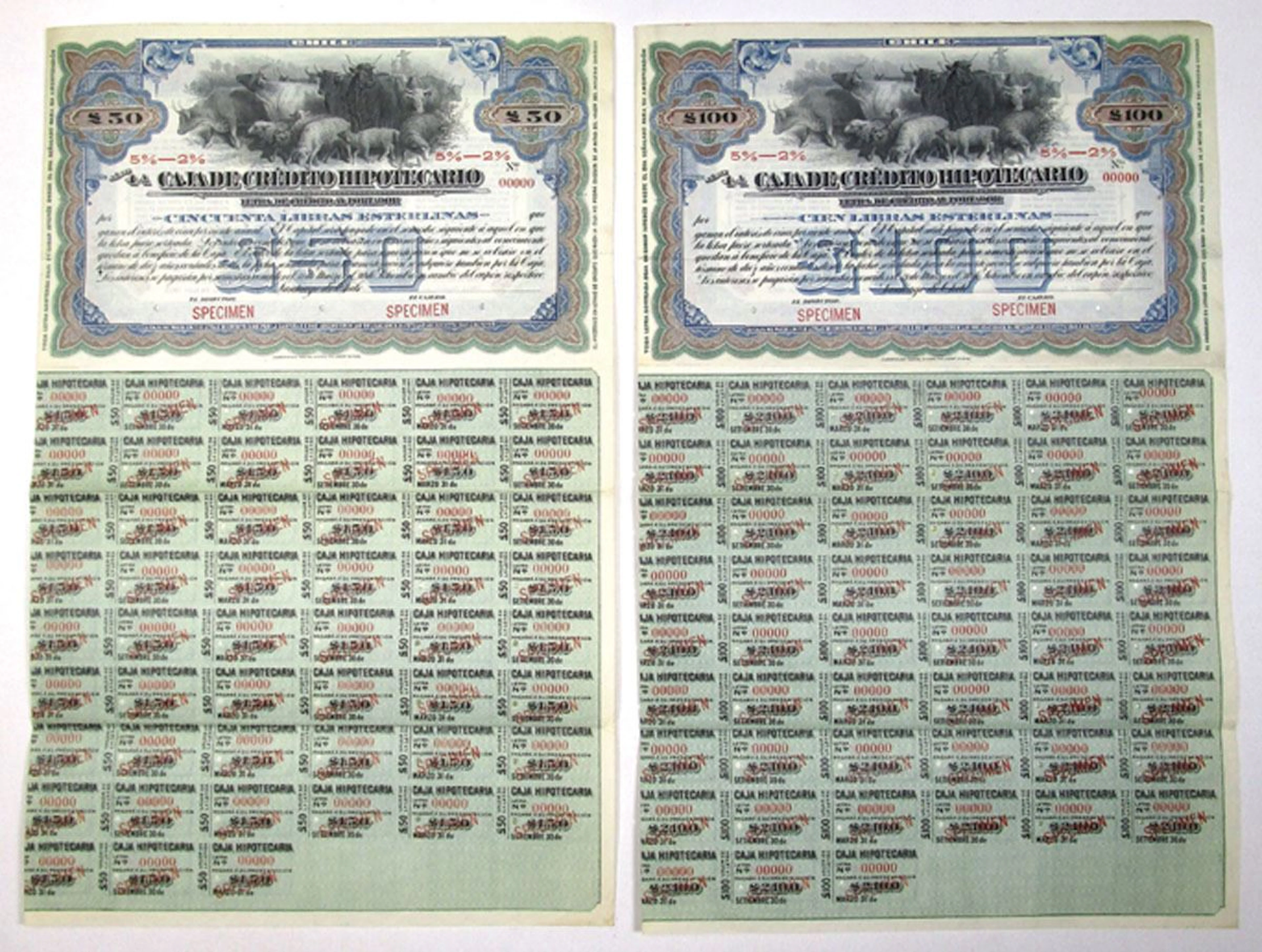 Chile. Caja de Credito Hipotecario, ND (1900s), Specimen Bond Pair