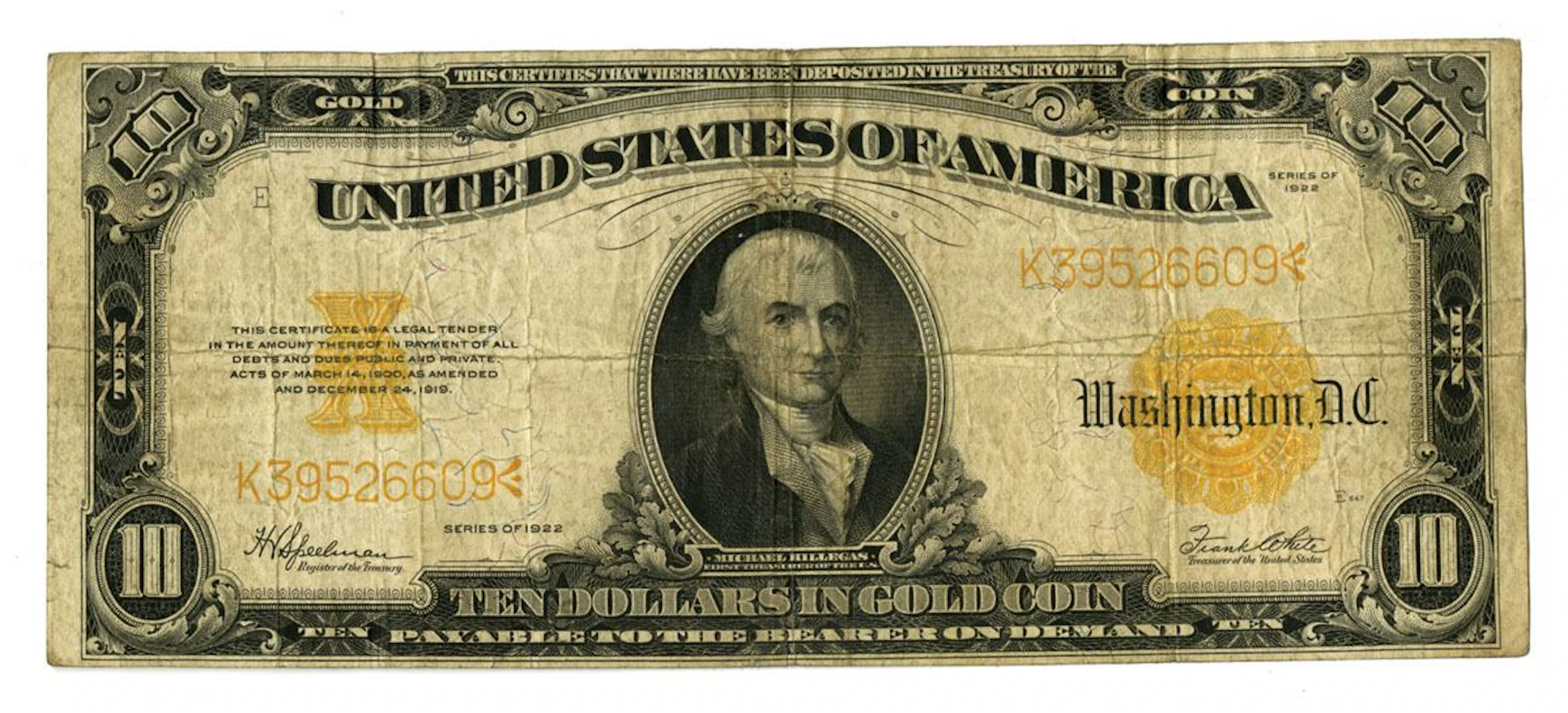U.S., Gold Certificate, Series of 1922, Issued Banknote.