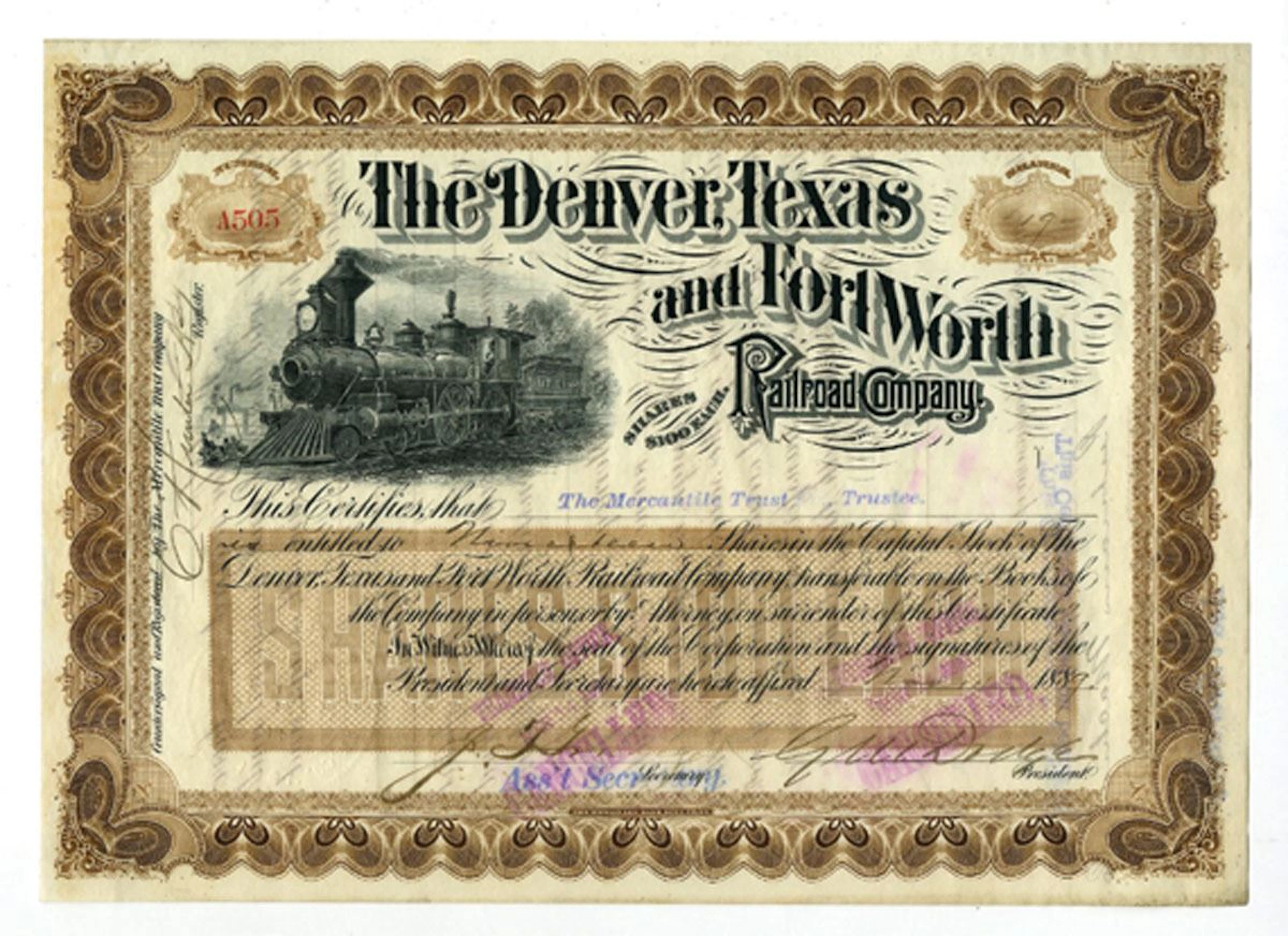 TX. Denver, Texas and Fort Worth Railroad Co., 1889, I/C Stock Certificate