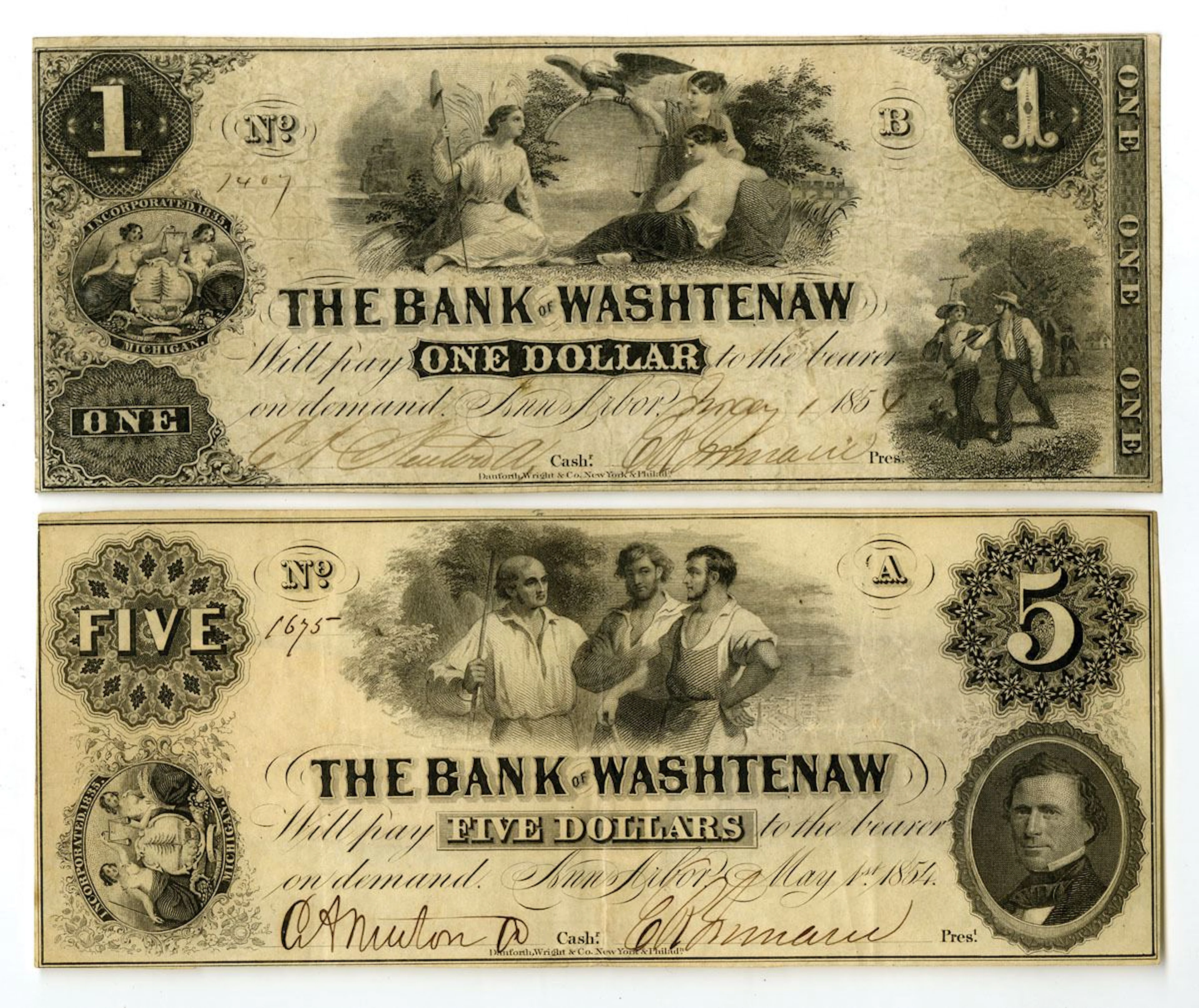 MI. Bank of Washtenaw, 1854, Issued Obsolete Banknote Pair.