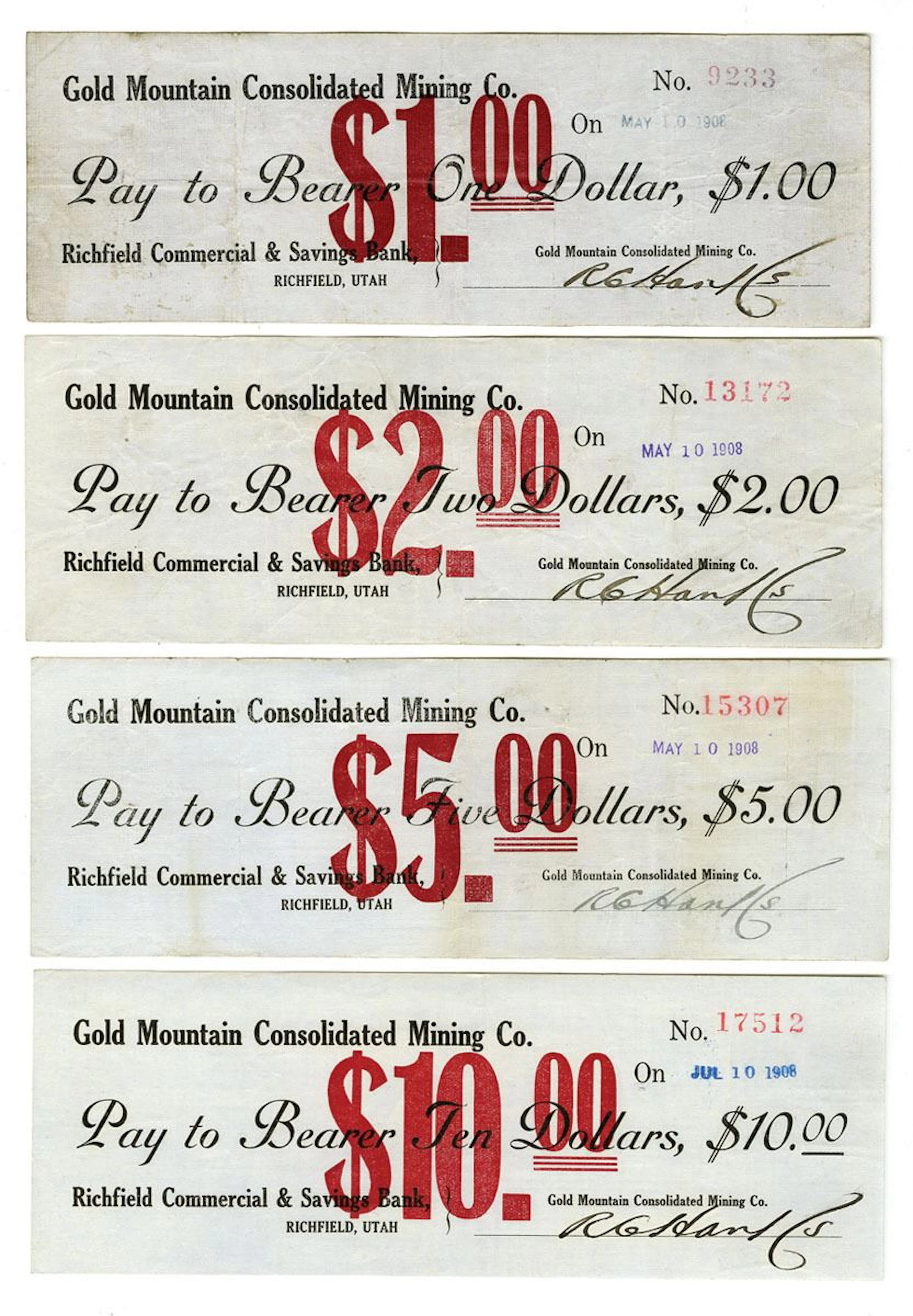UT. Gold Mountain Consolidated Mining Co., 1907, Panic Currency Quartet.