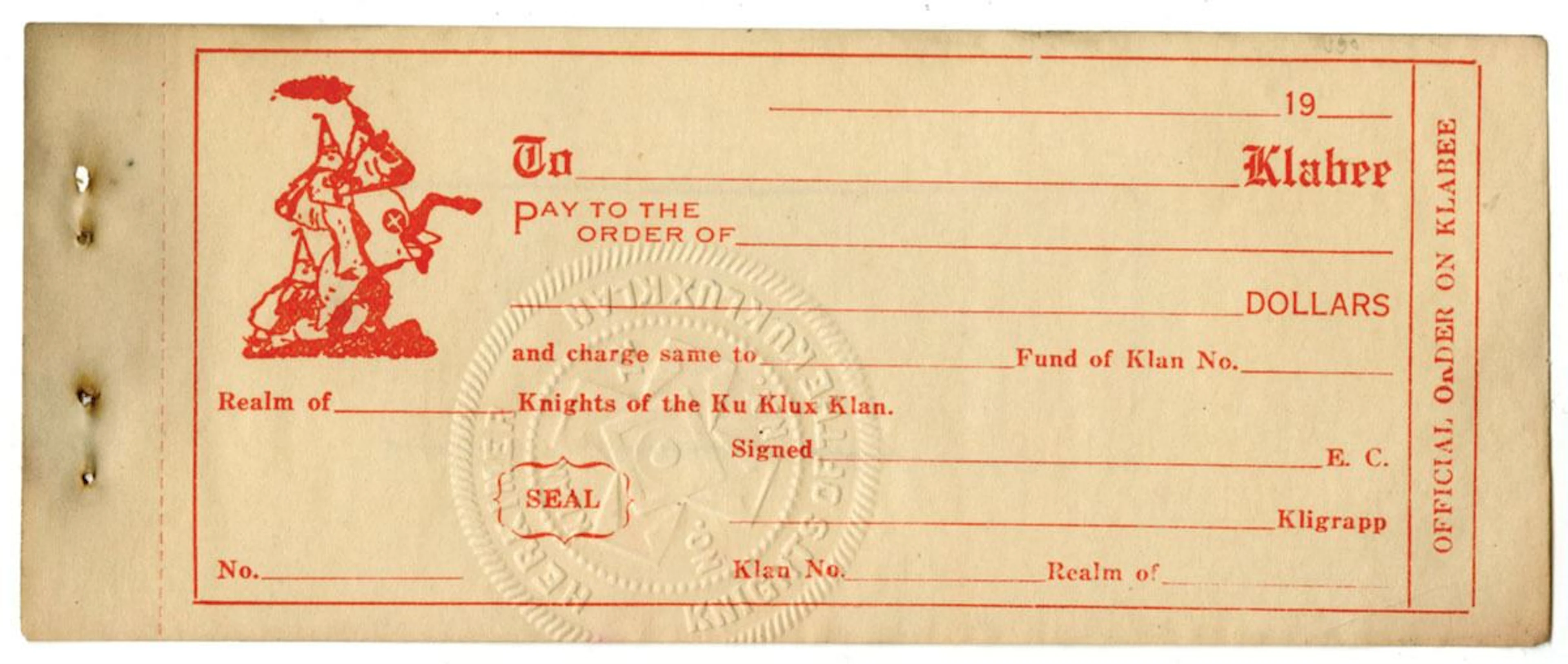 Ku Klux Klan, ca.1900-1920, Unissued Check.