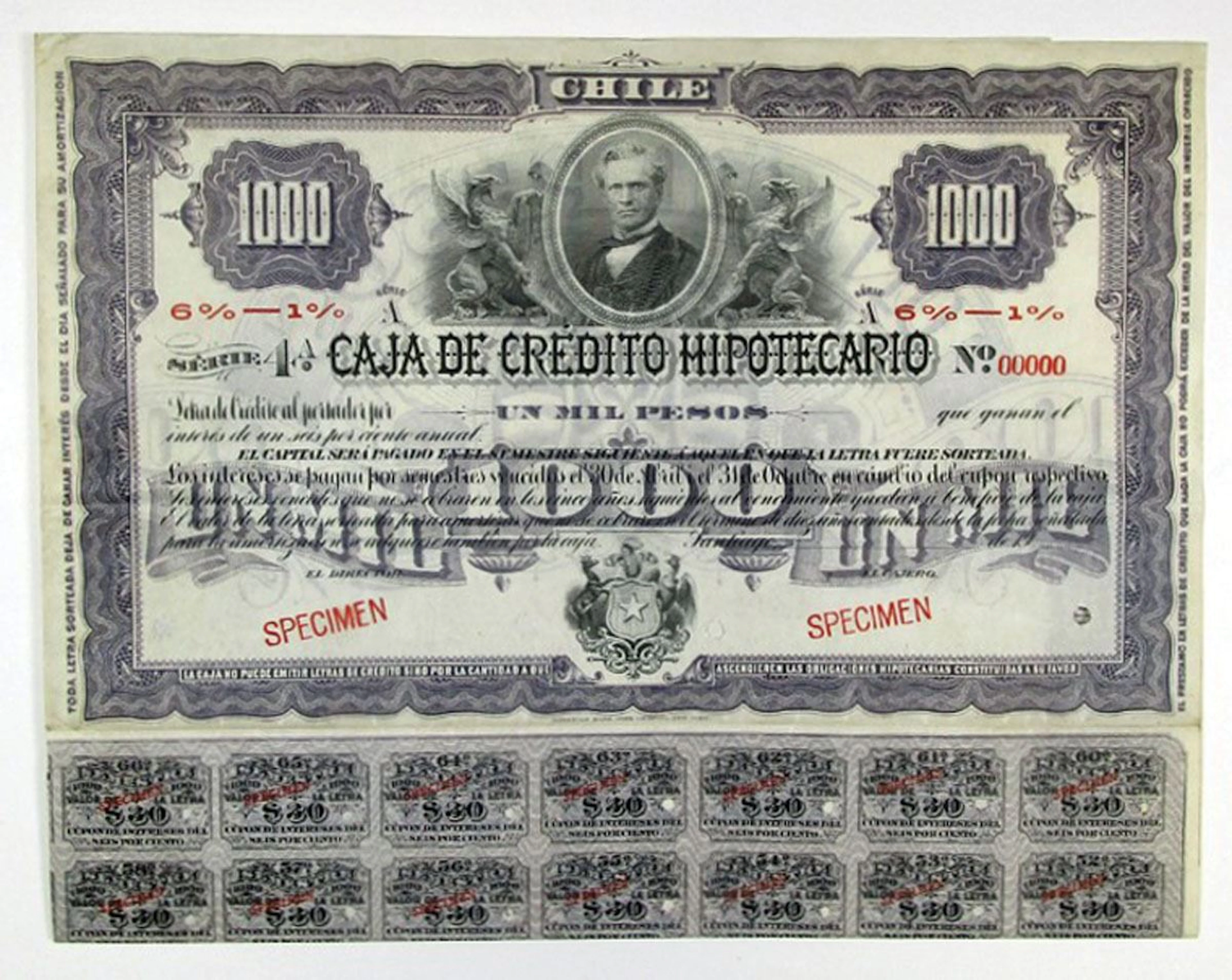 Chile. Caja de Credito Hipotecario, 1905 1000 Pesos Specimen 6%-1% Coupon Bond