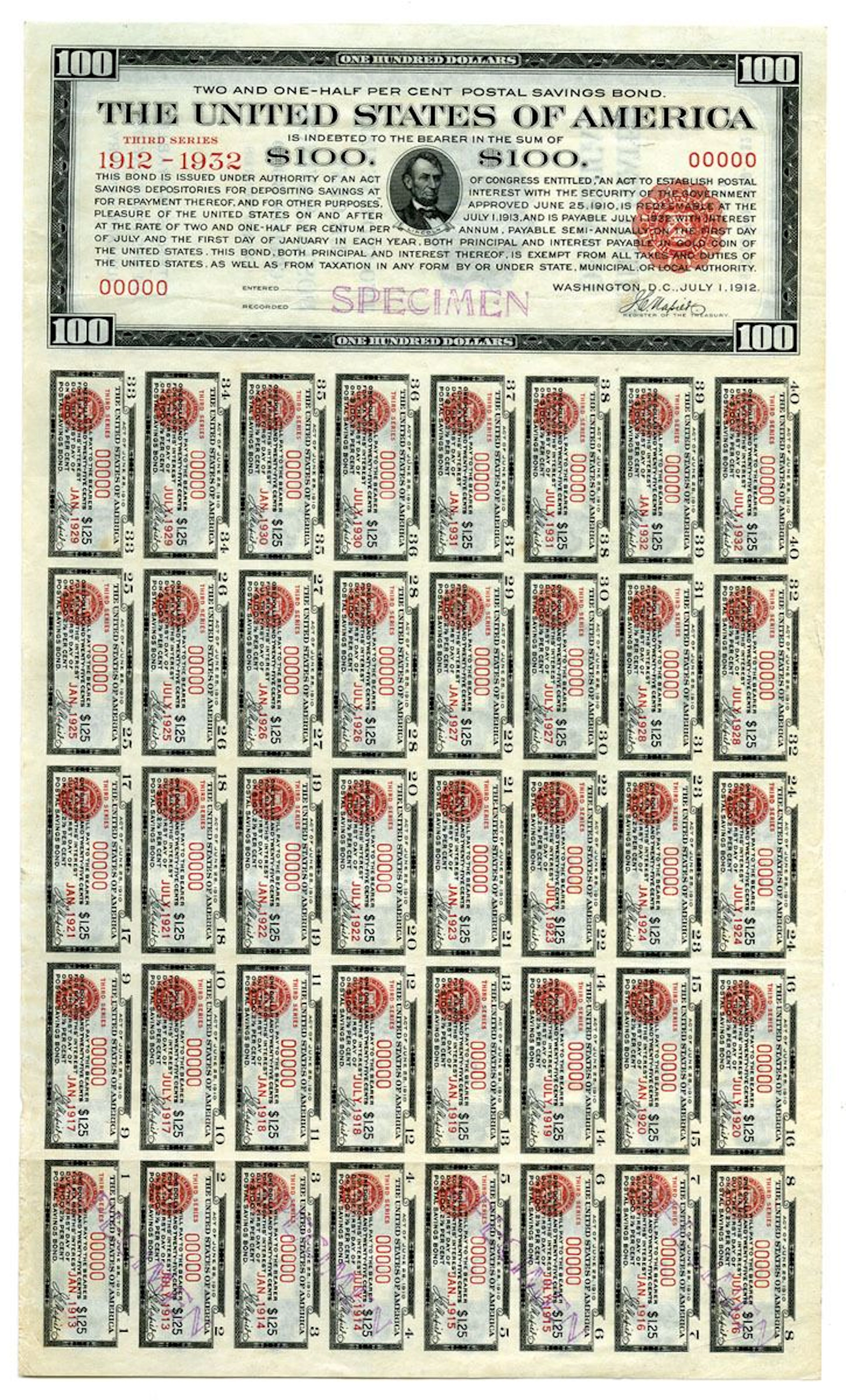 United States of America, 1912 Specimen Postal Savings Bond Rarity.