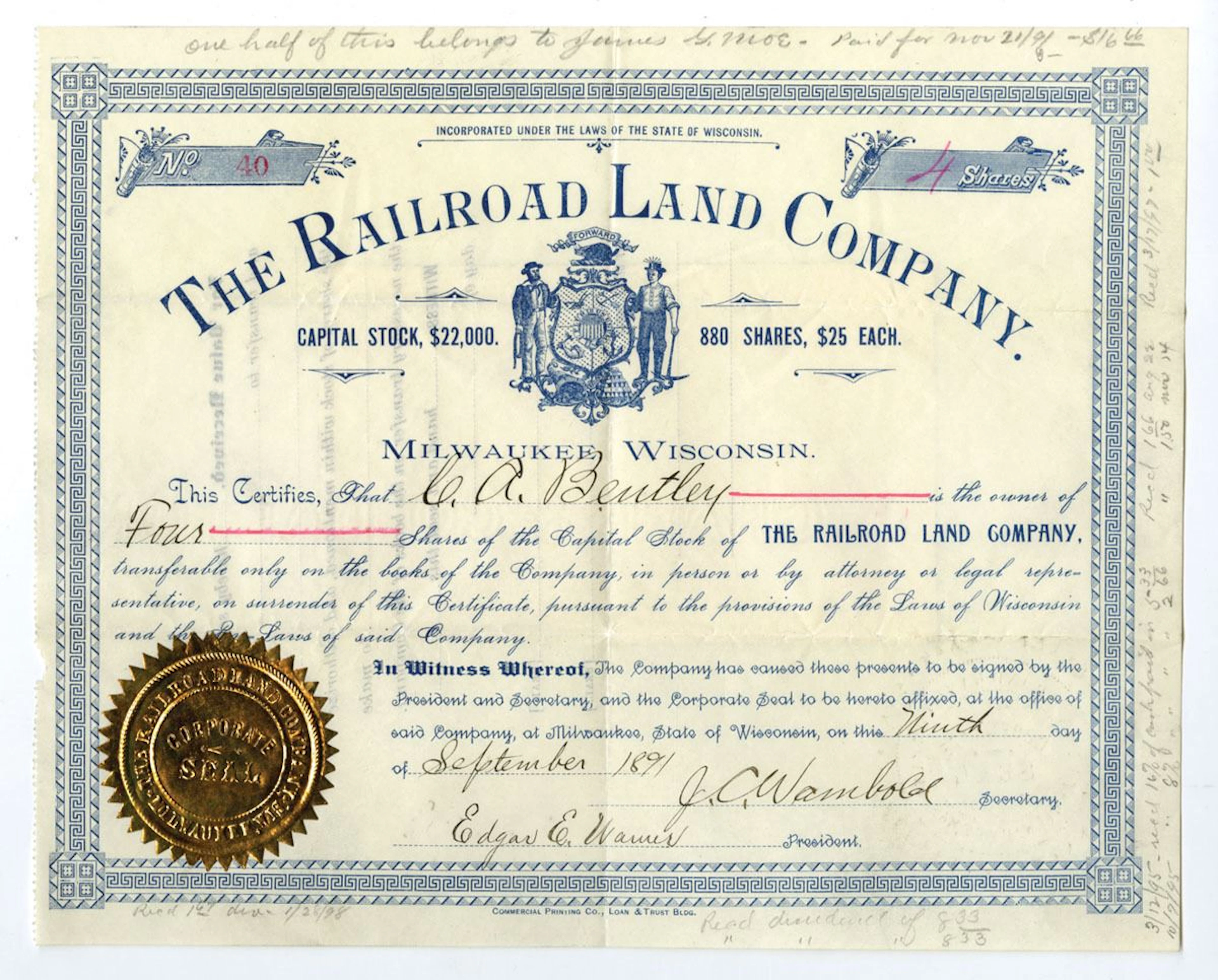 WI. Railroad Land Co., 1891, I/U Stock Certificate.