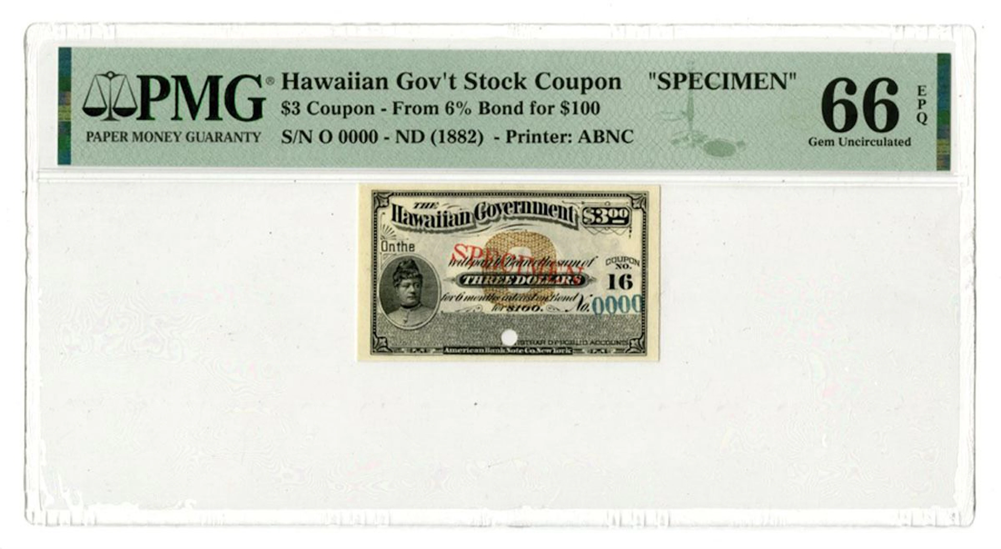 HI. Hawaiian Government, ND (1882), Specimen Stock Coupon.